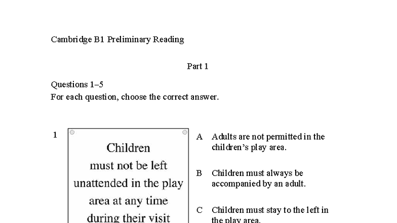 Cambridge B1 Preliminary Reading Practice Questions and Answers - Studocu