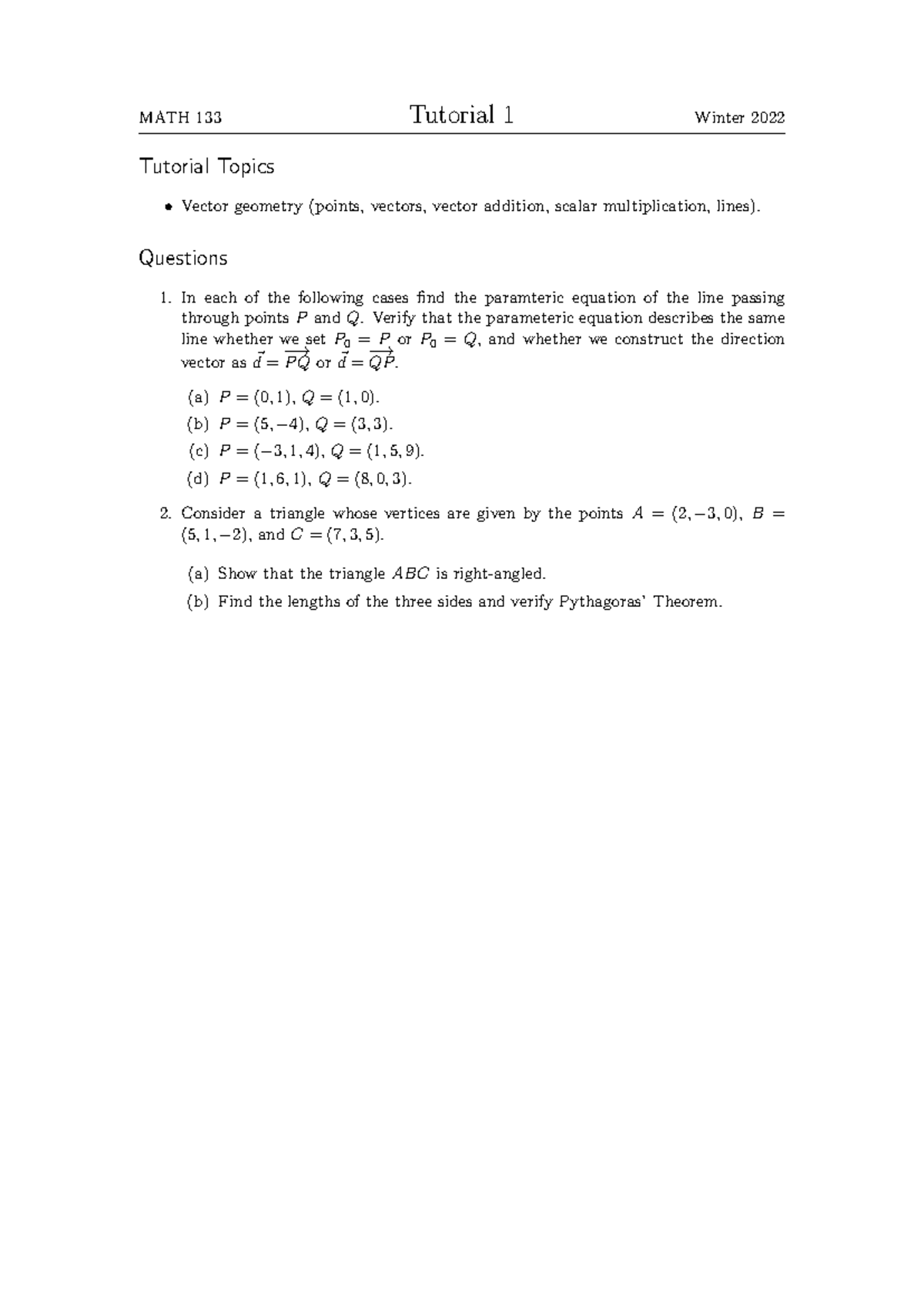 Tutorial 1 (Solutions) - Tutorial Topics Vector geometry (points ...