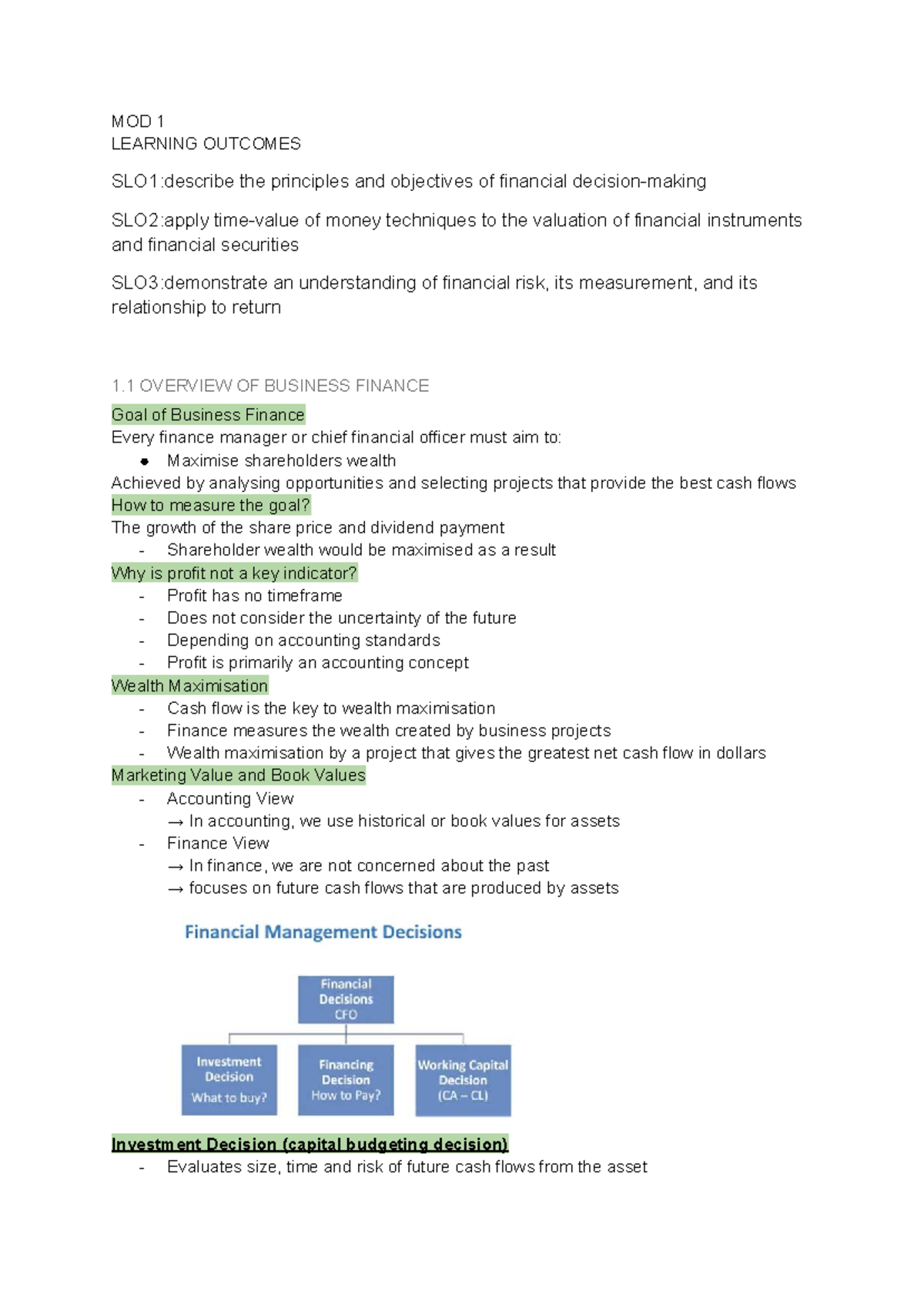 Business Finance MOD 1: Key Learning Outcomes and Concepts - Studocu