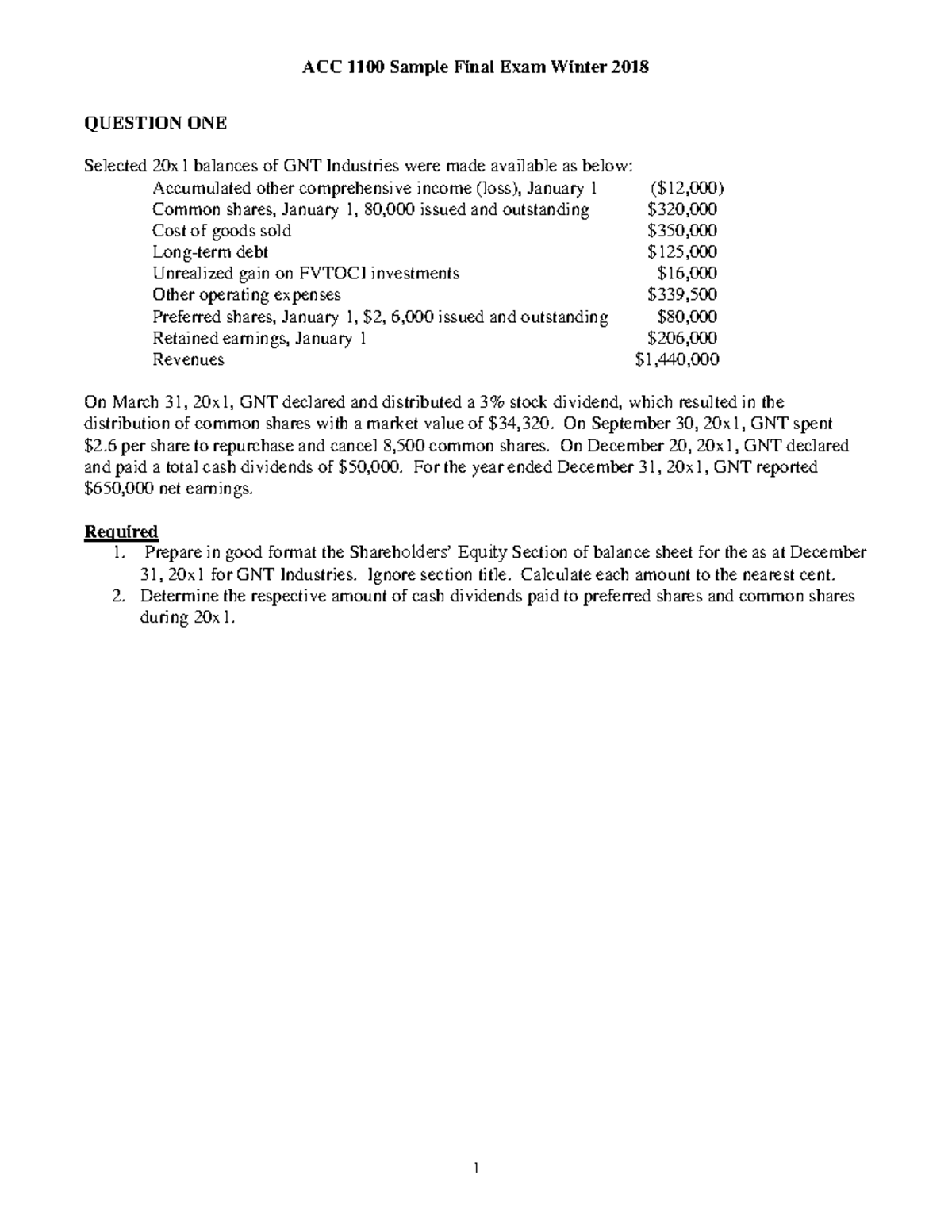 ACC 1100 Winter 2018 Sample Final Exam Solutions and Analysis - Studocu