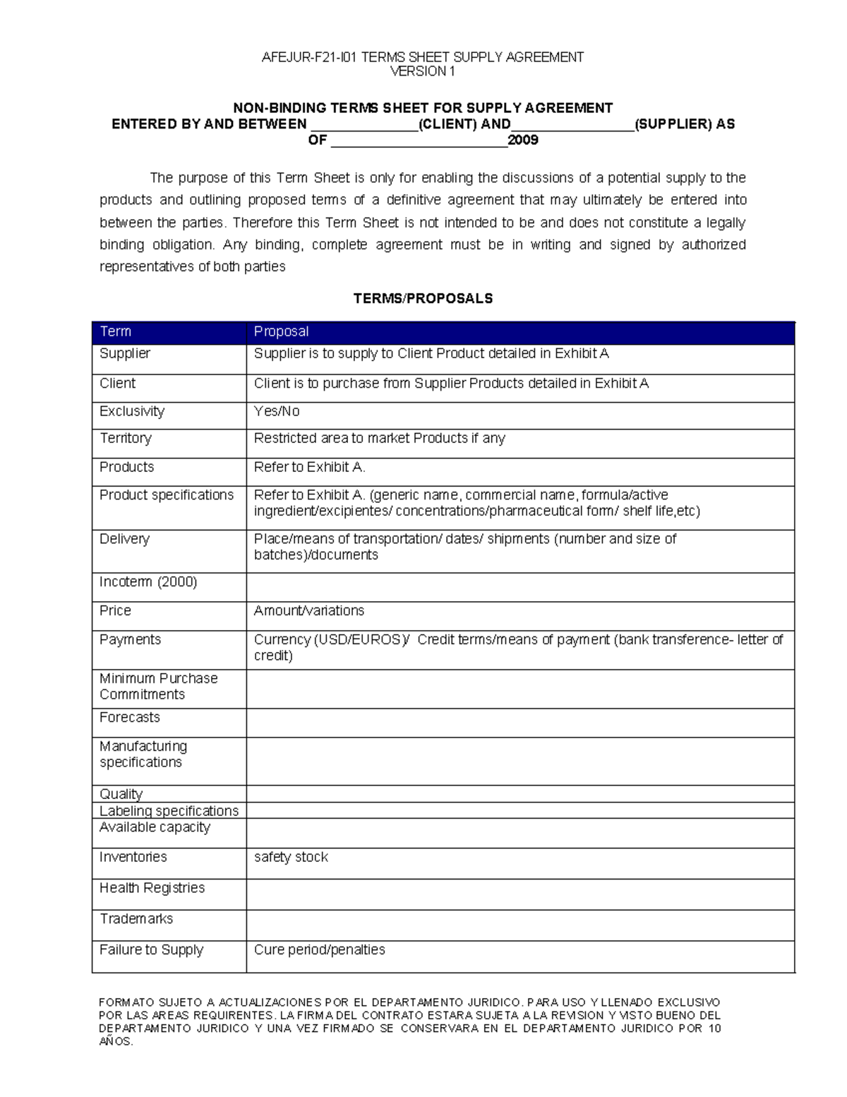 Supply Agreement Term Sheet Version 1: Key Terms Overview - Studocu