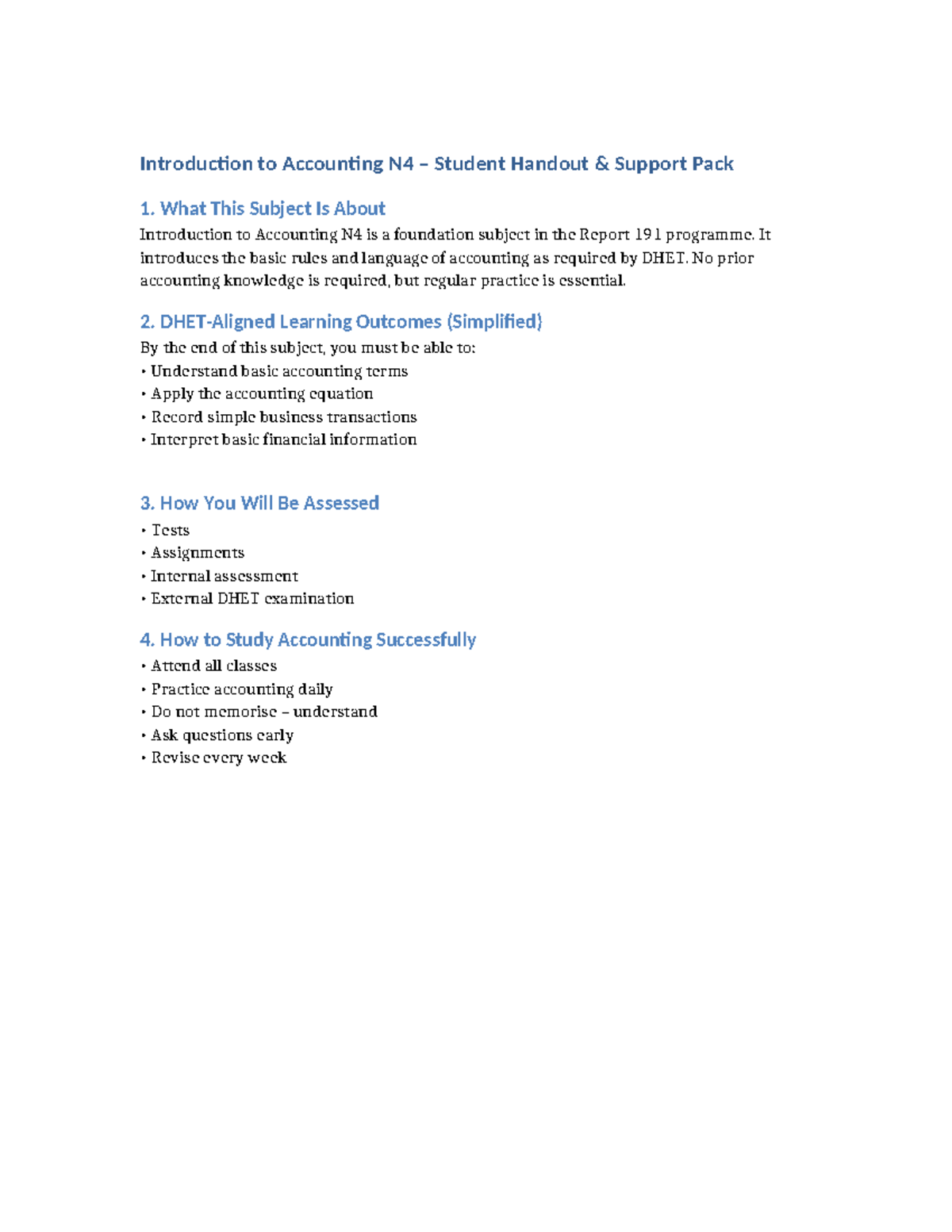 Accounting N4: Student Handout & Lecturer Support Guide - Studocu