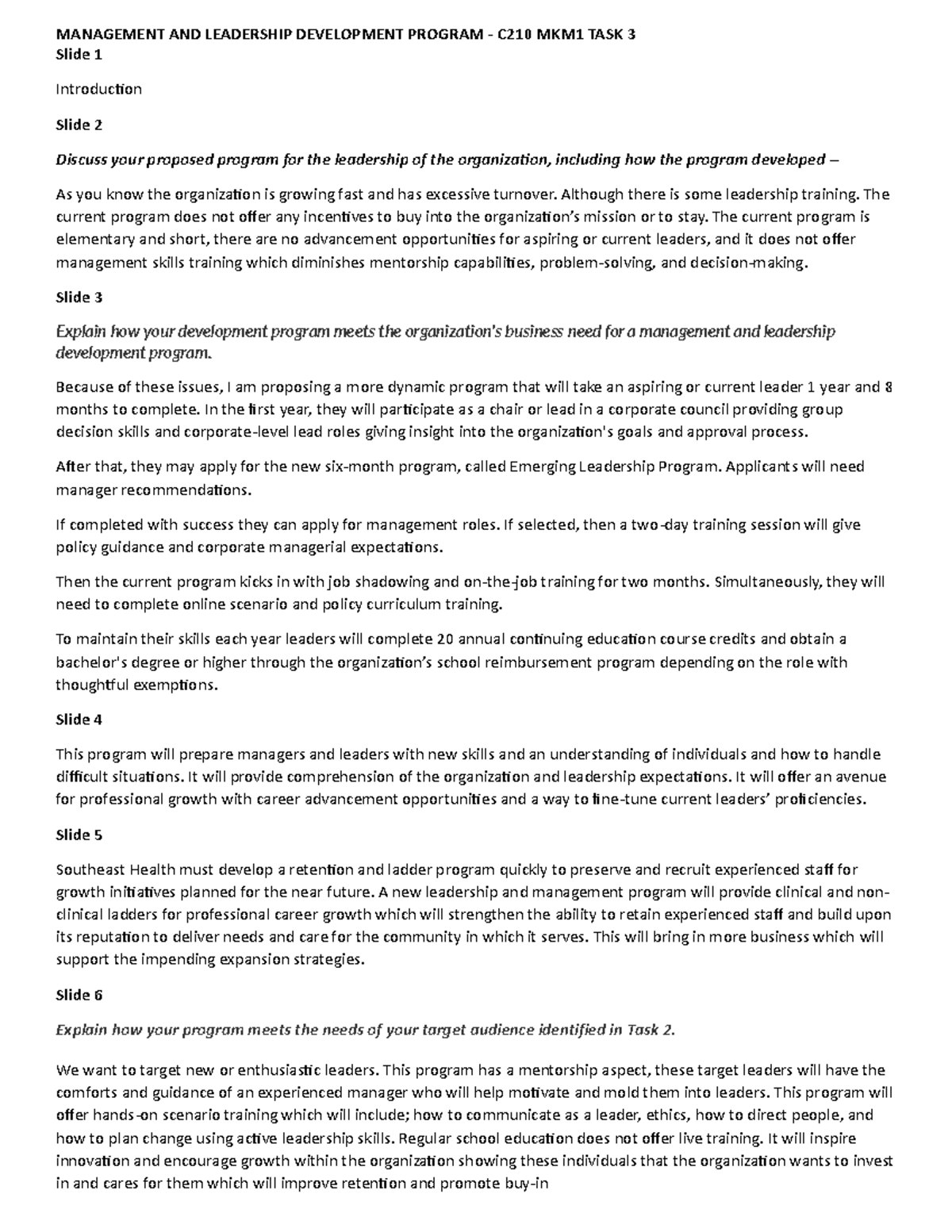 C210 Task 3: Comprehensive Management & Leadership Development Program ...
