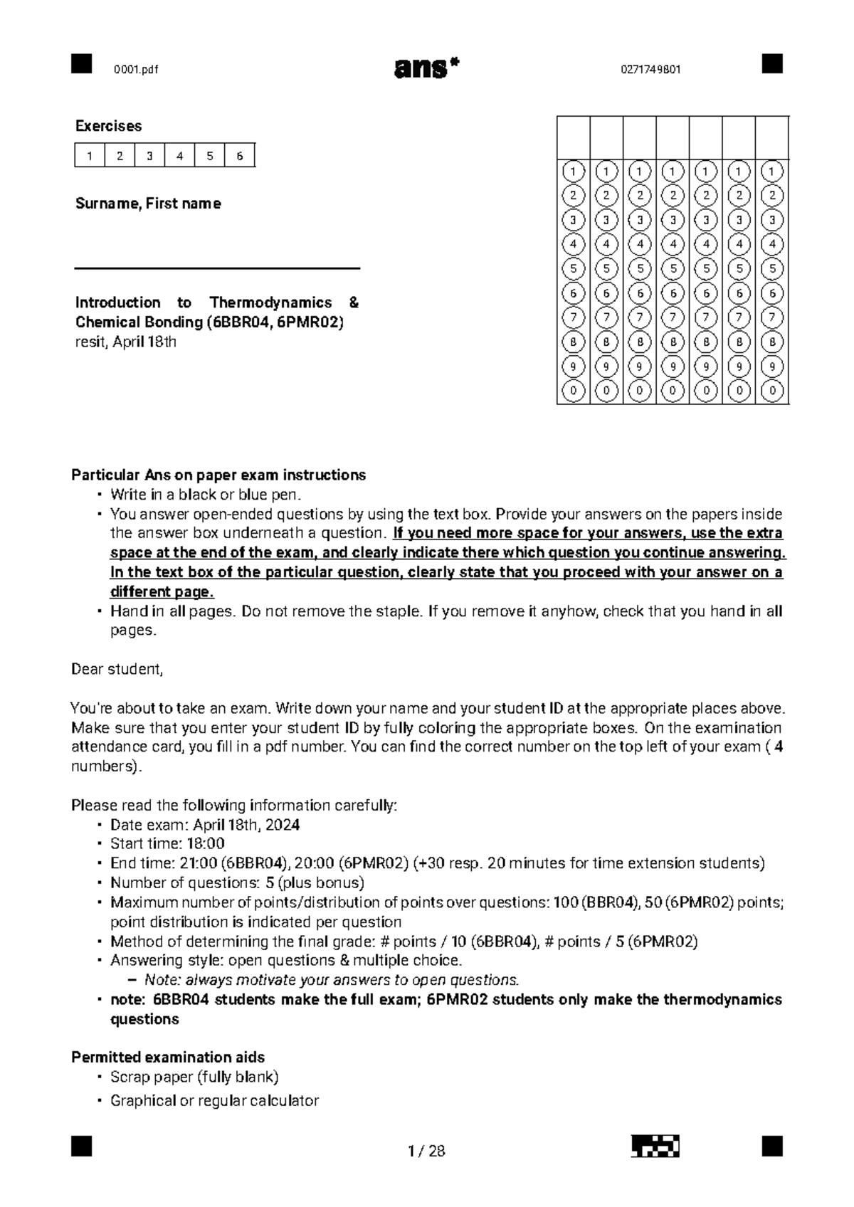 6BBR04 - 2024 Resit Example Exam: Thermodynamics & Chemical Bonding ...