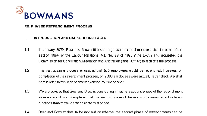 Letter of Advice on Phased Retrenchment Process: Legal Considerations ...