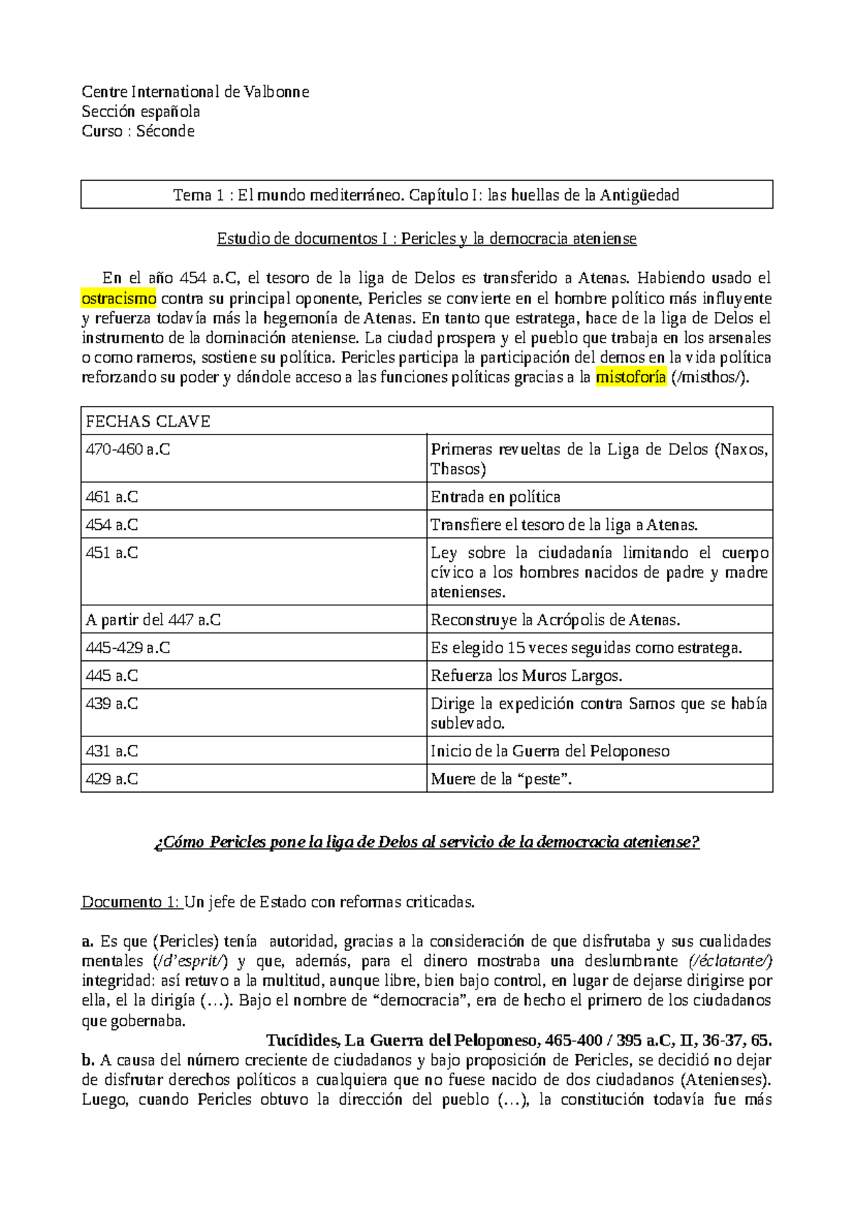 Estudio de Documentos I: Pericles y la Democracia Ateniense (Séconde ...