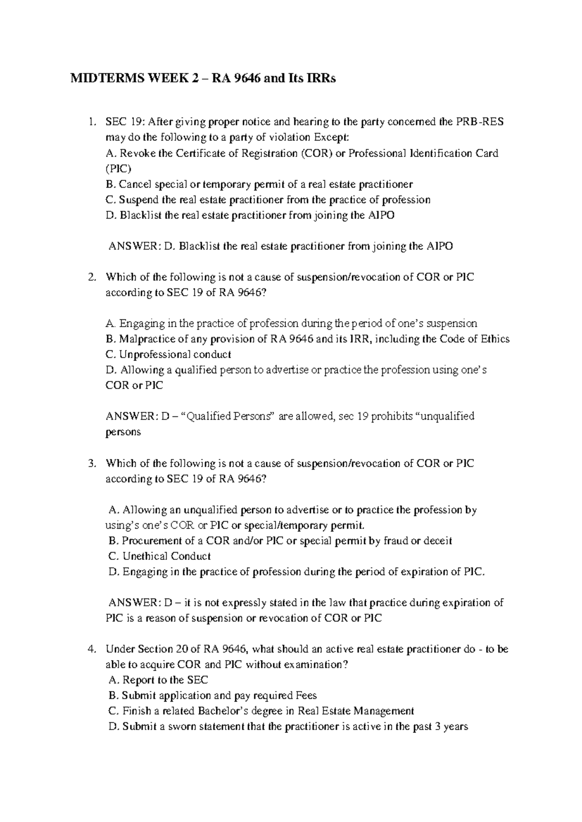 RA 9646 MIDTERM REVIEW: SEC 19-45 Key Concepts and Answers - Studocu