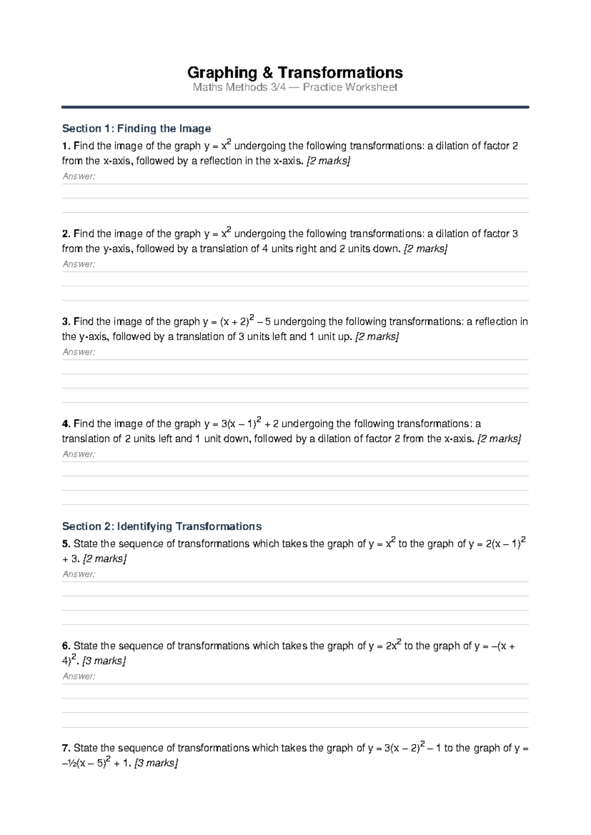 Math Methods Practice Worksheet: Graphing Transformations - Studocu