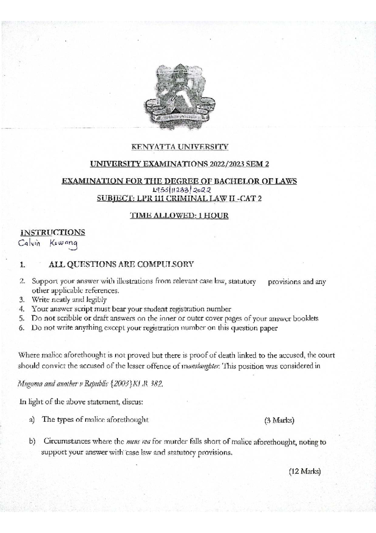 LPL 110 & LPR 210: Criminal Law I & II Exam Notes - Kenyatta University ...