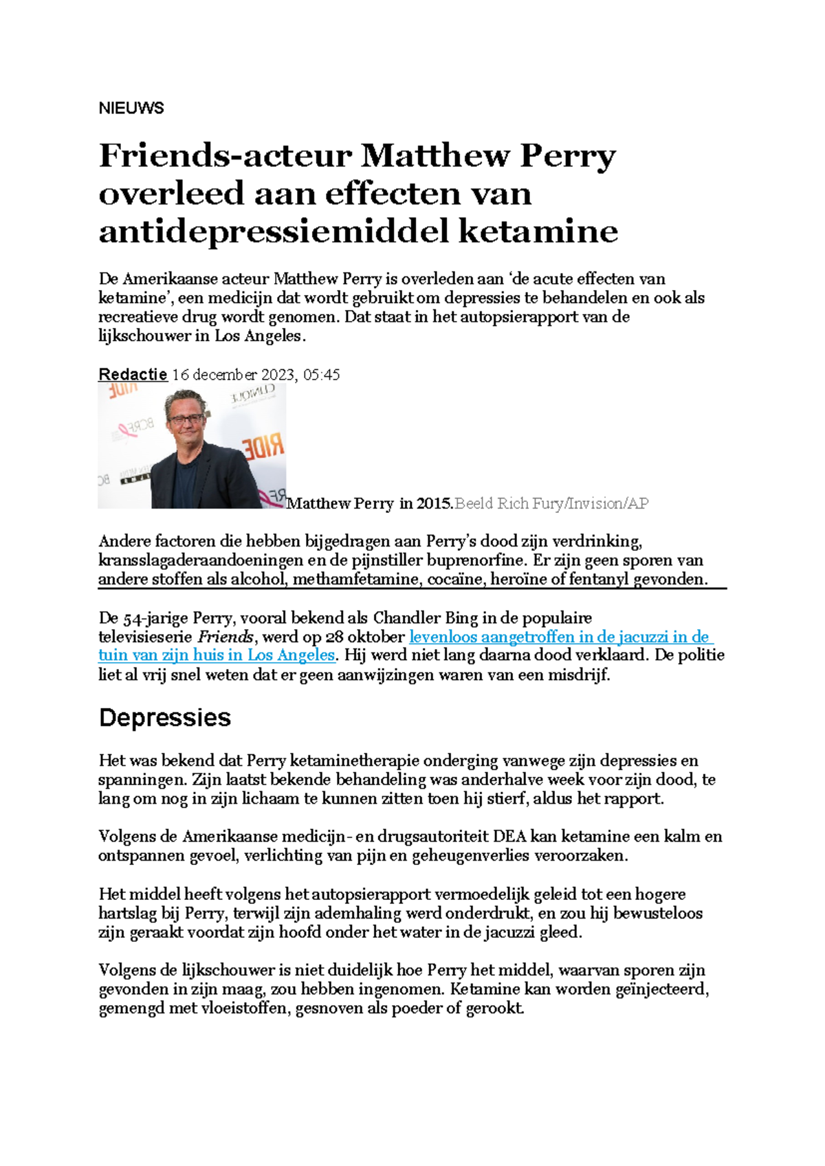 Ketamine en de Dood van Matthew Perry: Een Analyse van de Gevolgen ...