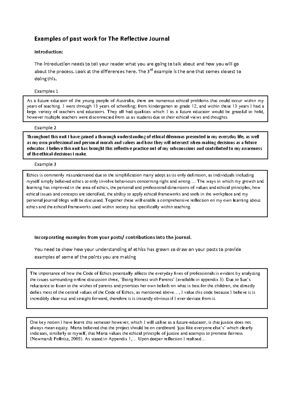 Examples of Past Work for Assignment 2: Reflective Journal on Ethics ...