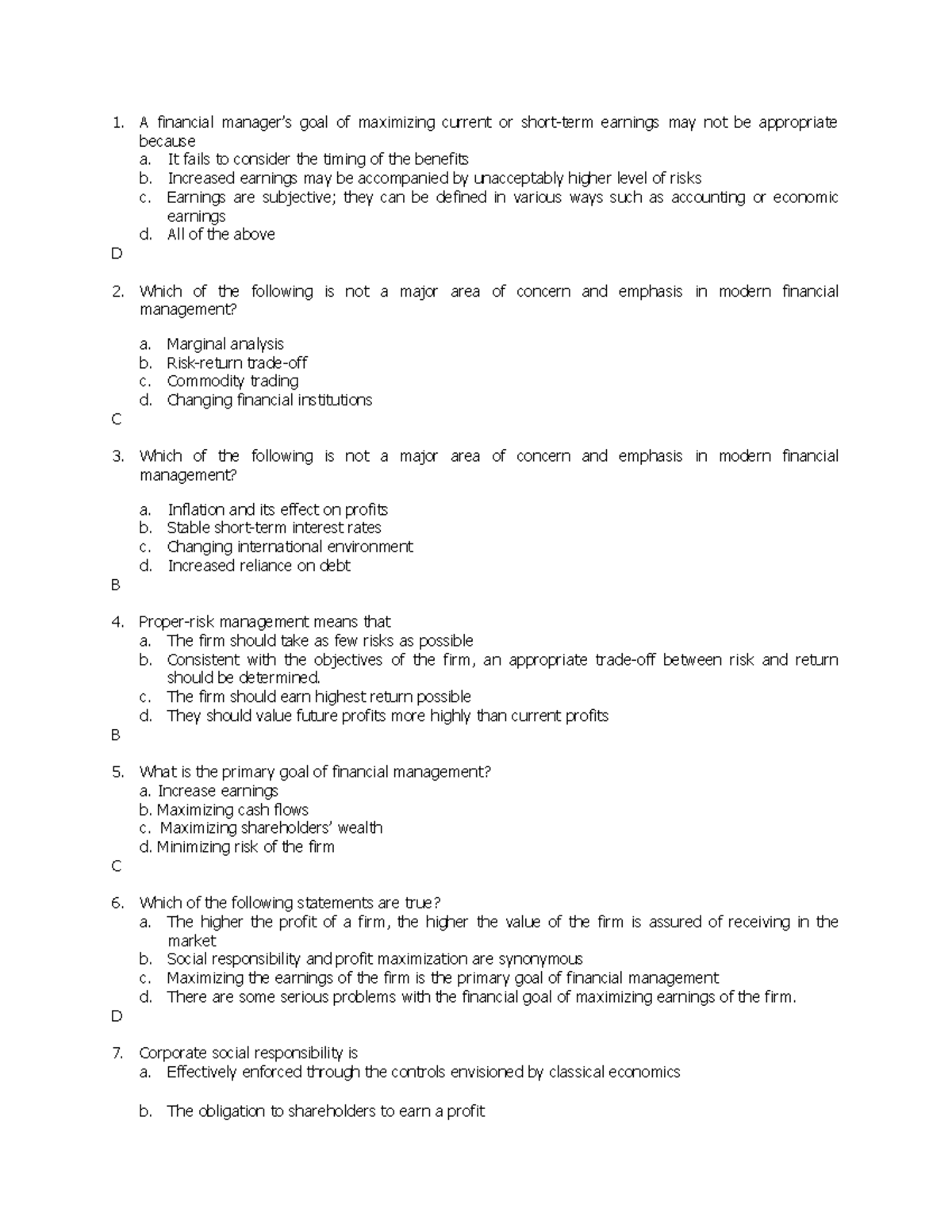 Financial Management Quiz: Key Concepts and Problem Solving - Studocu