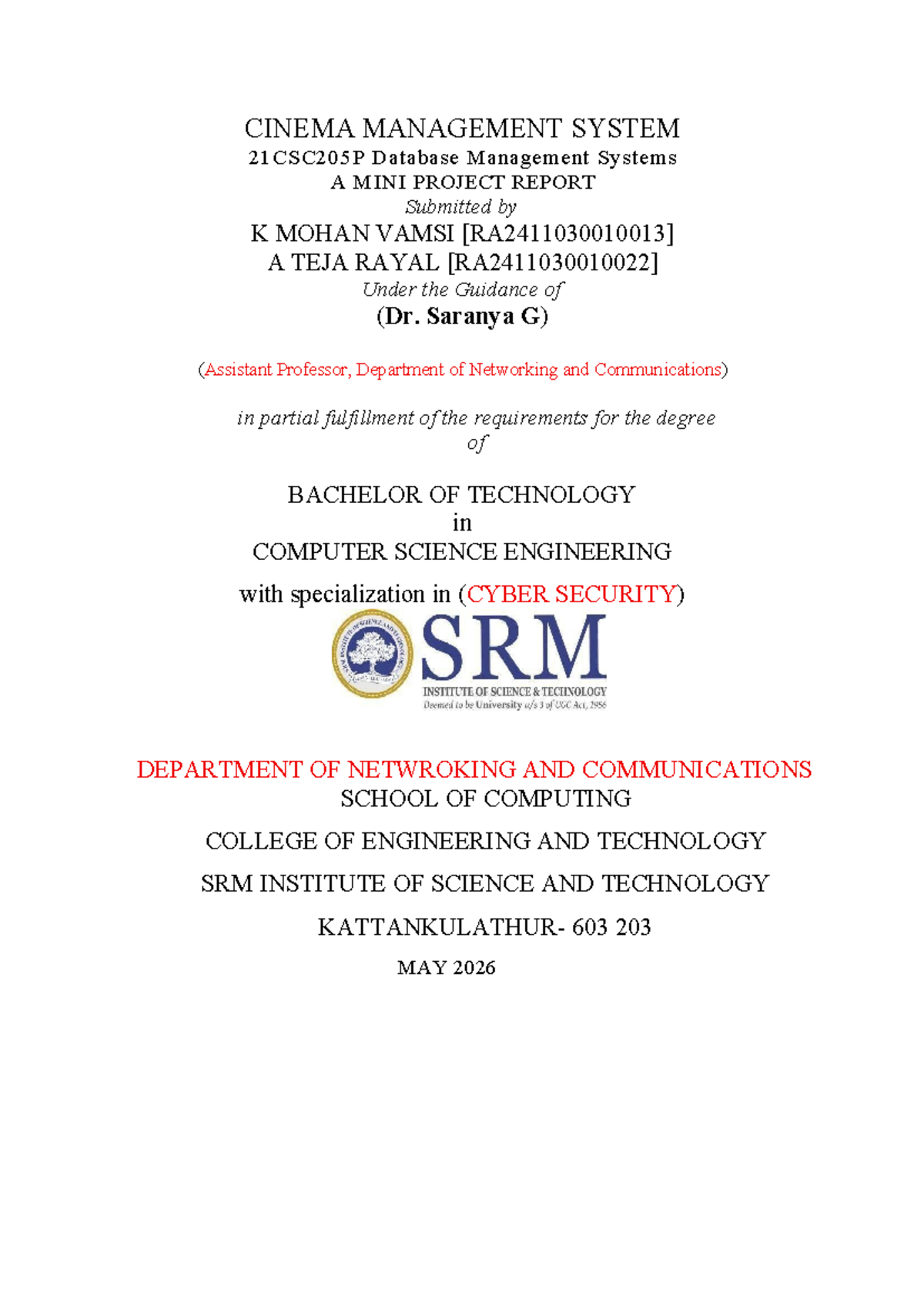 CINEMA MANAGEMENT SYSTEM: 21CSC205P DBMS Mini Project Report - Studocu