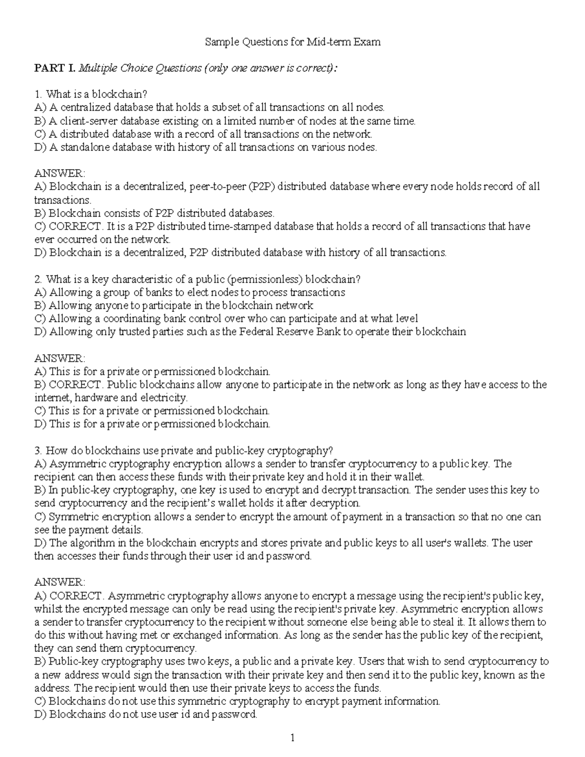 Sample Midterm Exam Questions on Blockchain Concepts - Studocu