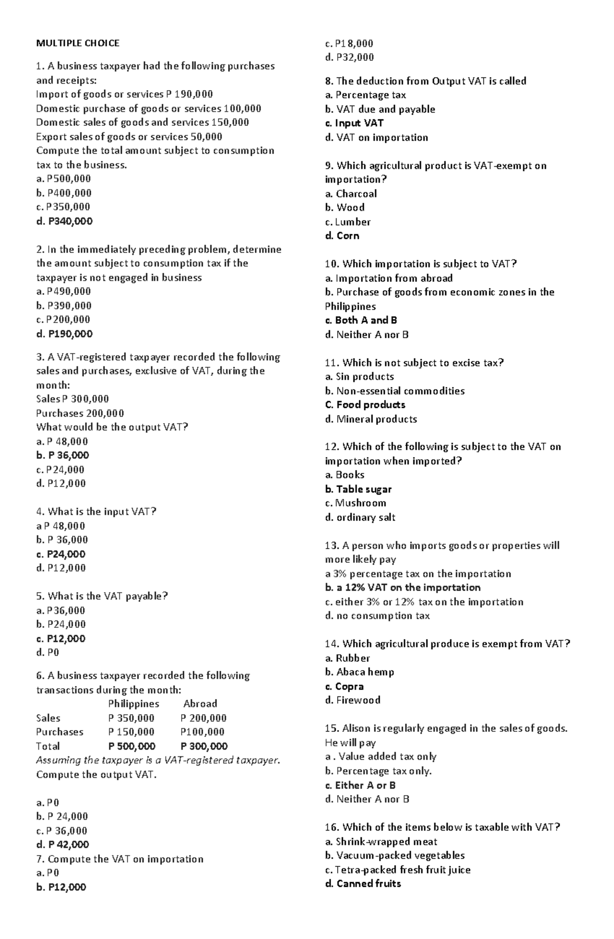 Midterm Quiz Answer Key: VAT and Consumption Tax Concepts - Studocu