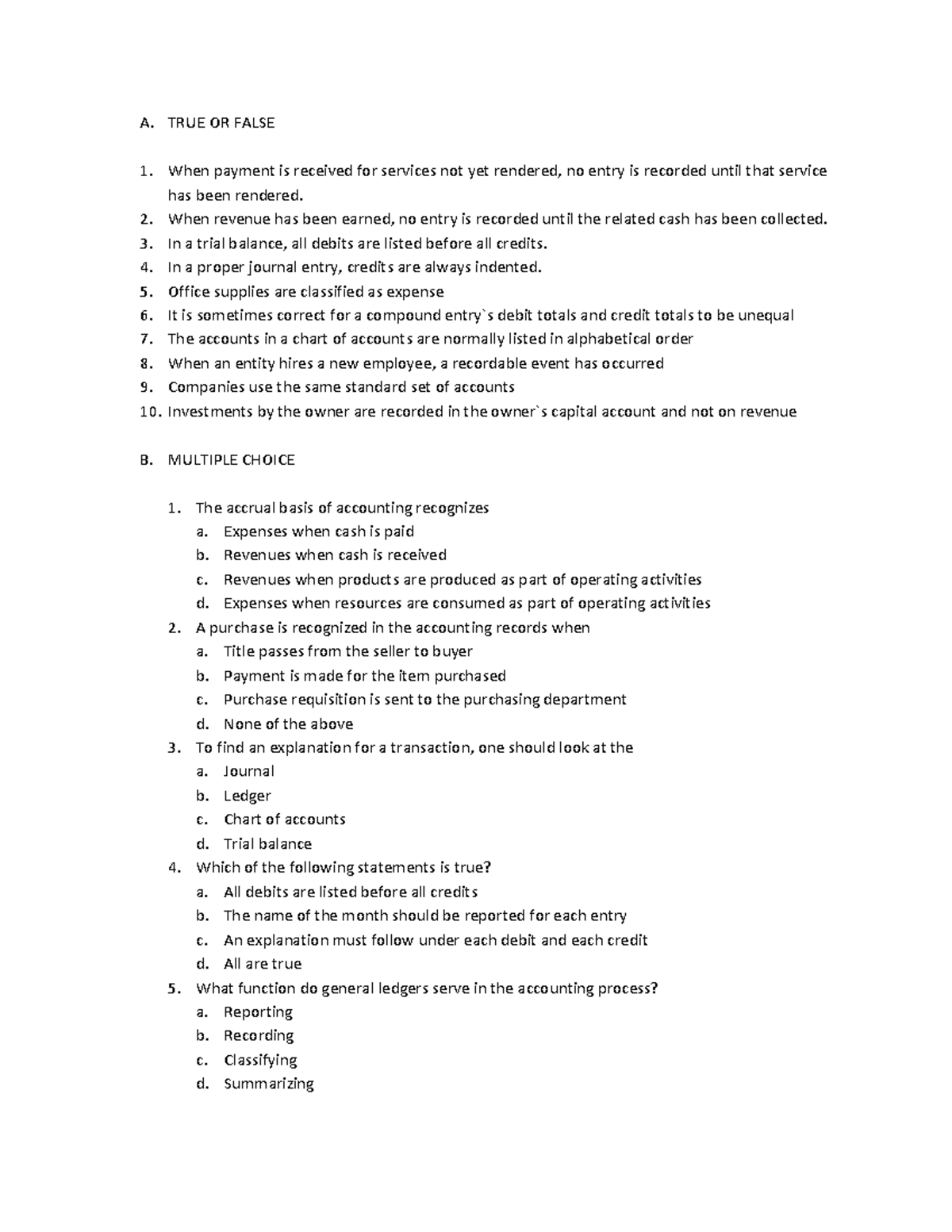 Basic Accounting Quiz Part 2 - True/False & Multiple Choice Questions ...