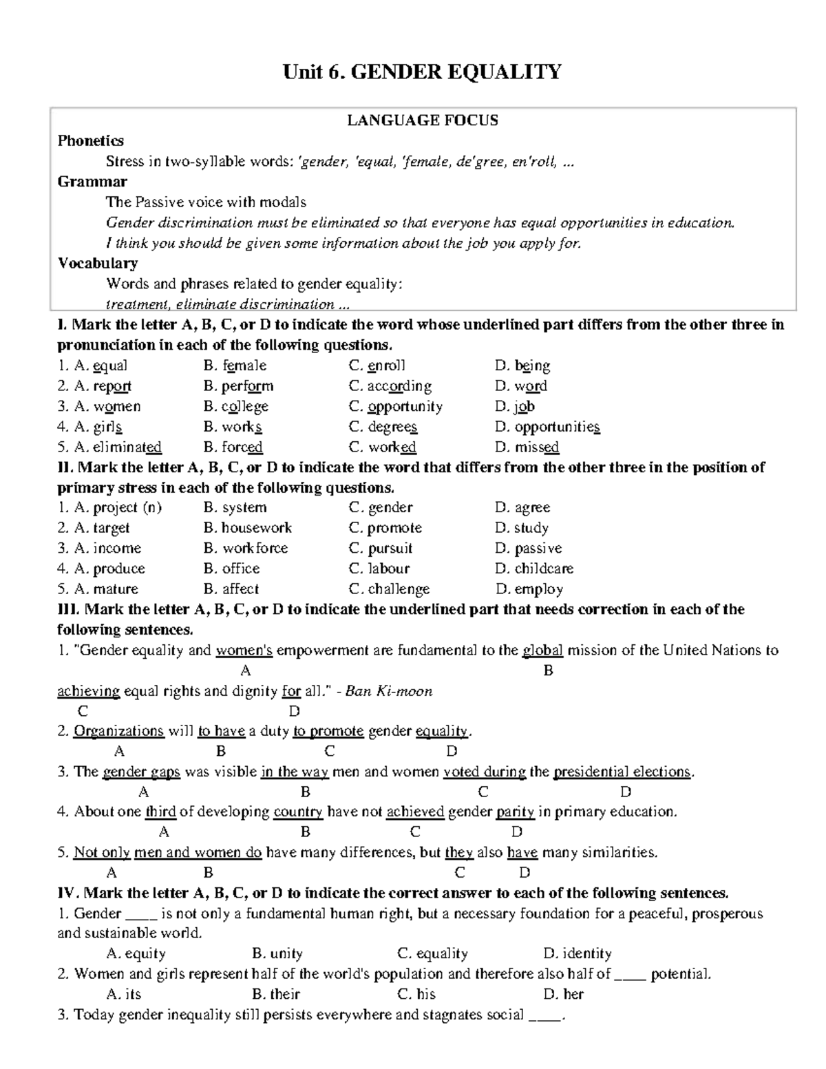 Unit 6: Gender Equality Language Focus - Phonetics & Grammar Review ...