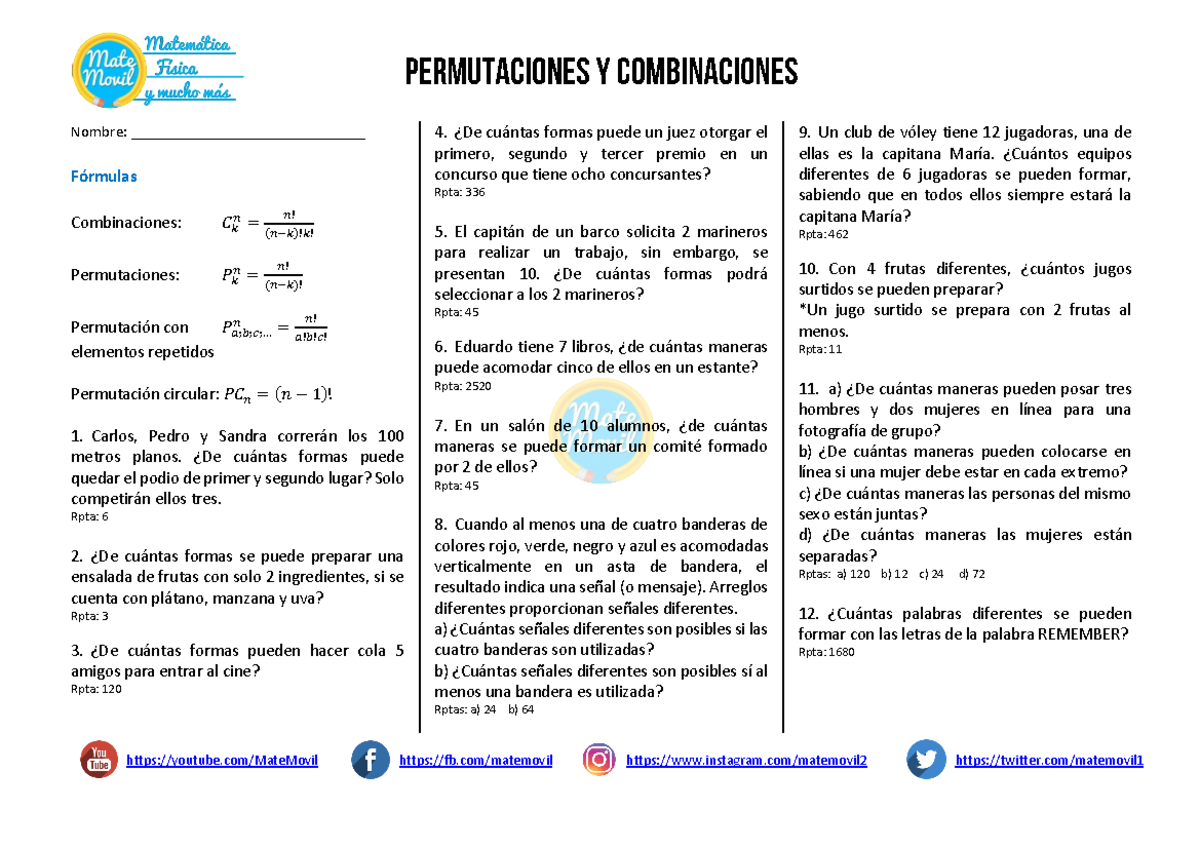 Ejercicios Resueltos de Permutaciones y Combinaciones - PDF - Studocu