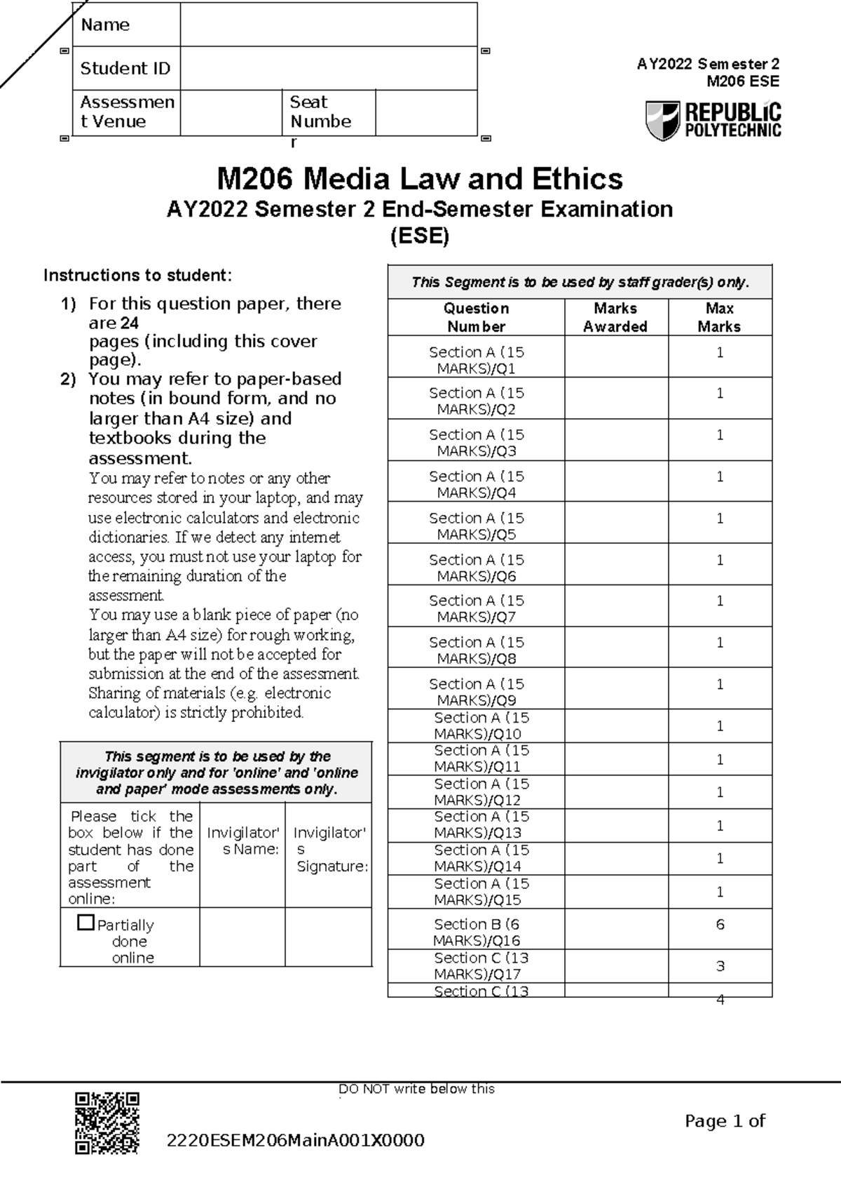 AY 2022 Sem 2 M206 ESE - media - AY2022 Semester 2 M206 ESE DO NOT ...