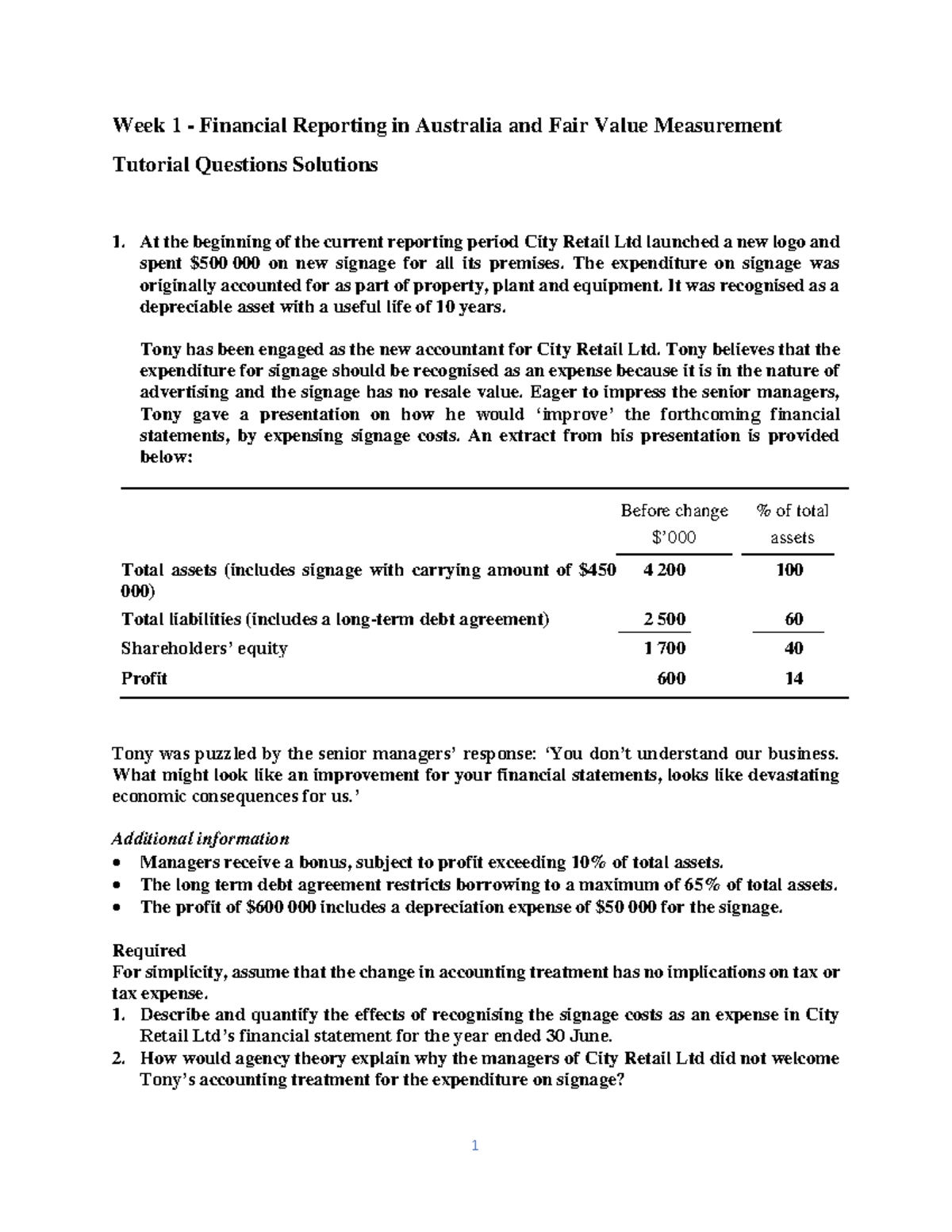 FINA1001 Week 1 Tutorial Qs & Solutions: Fair Value Measurement - Studocu