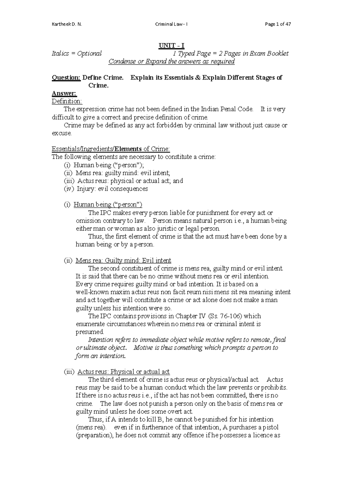 Criminal Law I: Key Concepts and Essentials of Crime - Studocu