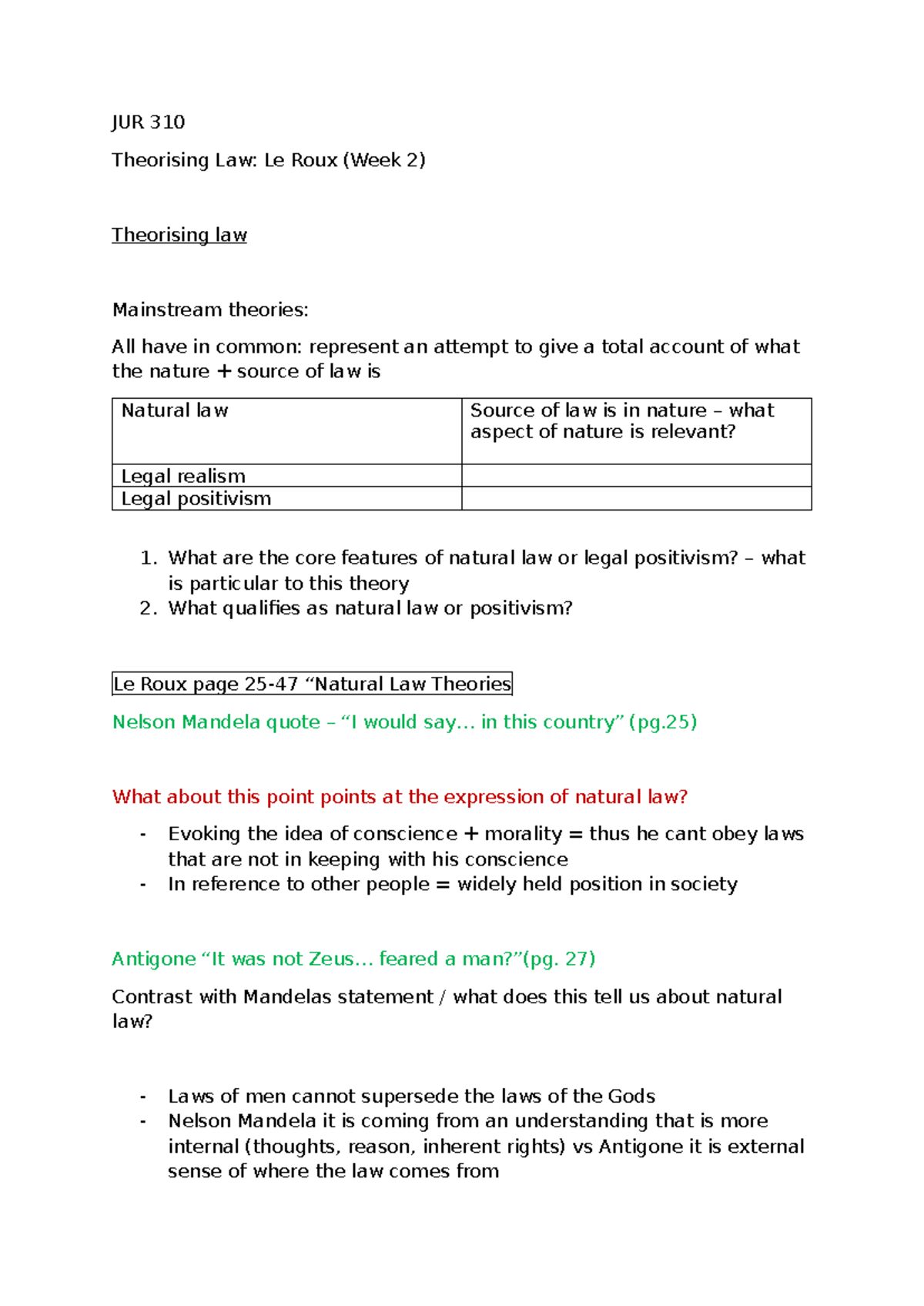 JUR 310 Lecture Notes: Theorising Law - Week 2 Overview - Studocu