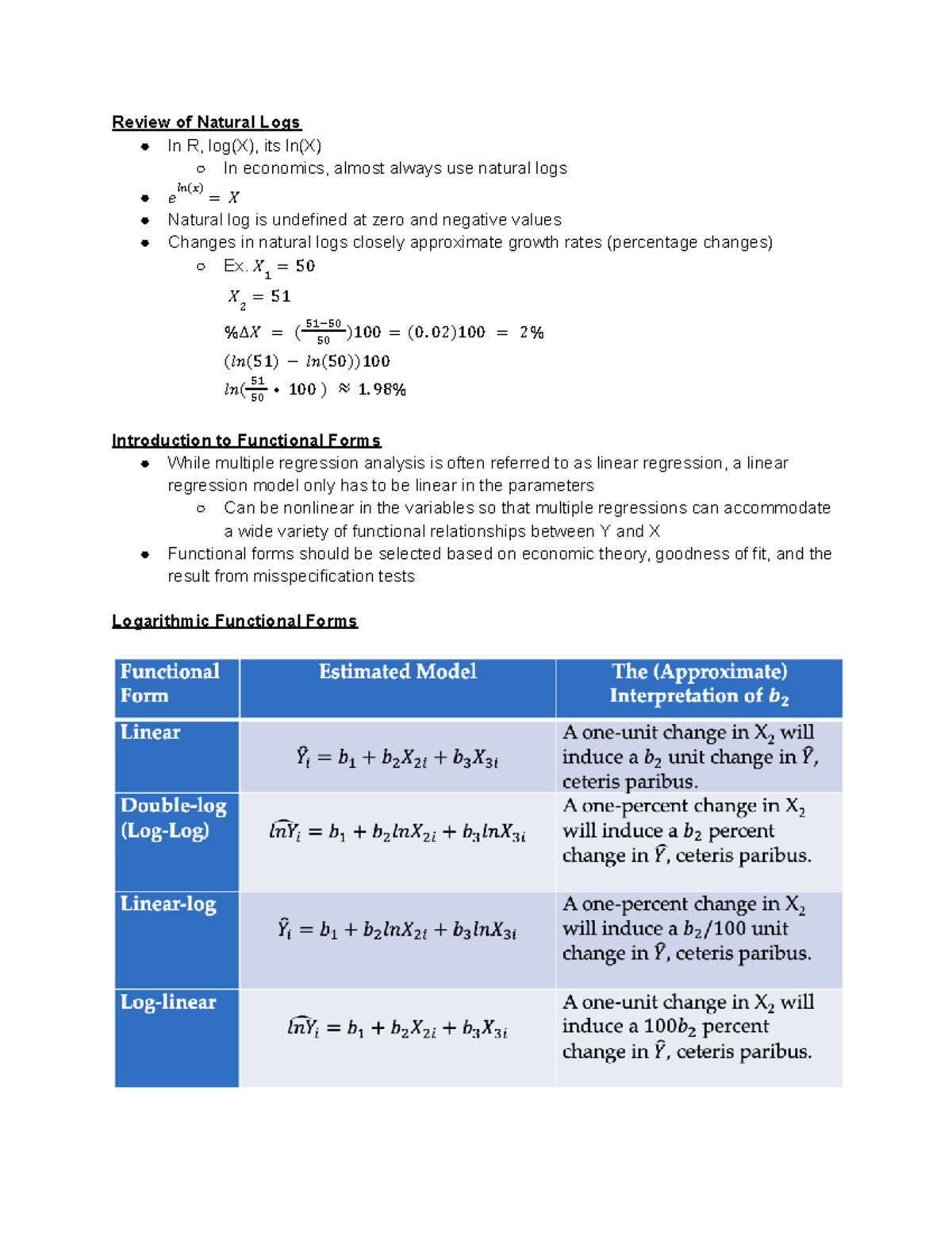 ECN102 Lecture: Multiple Regressions and Functional Forms Review - Studocu