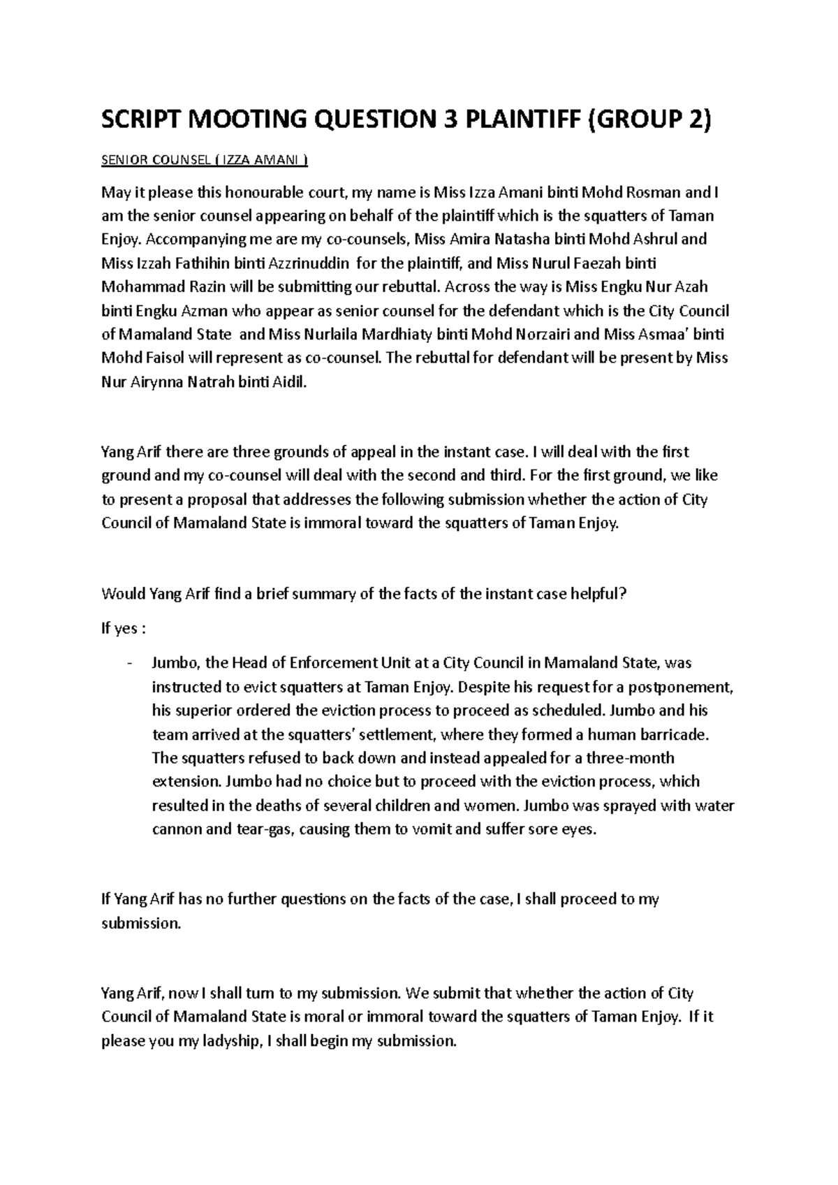 Mooting plaintiff question 3 - SCRIPT MOOTING QUESTION 3 PLAINTIFF ...