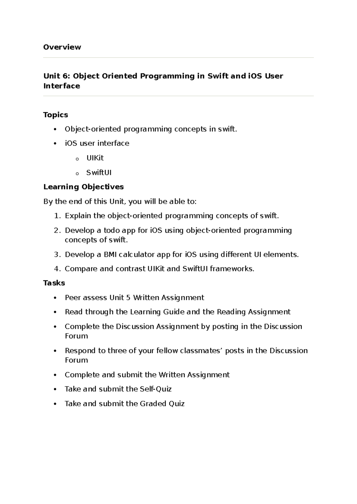 CS4405 learning guide unit6 - Overview Unit 6: Object Oriented ...