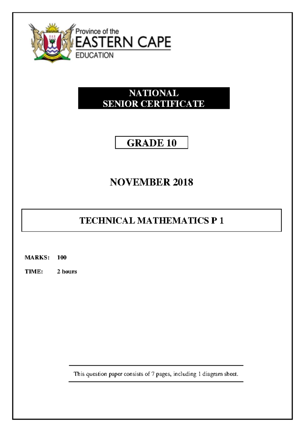 TECH 10 Maths P1 Nov 2018 Question Paper (Marks: 100) - Studocu
