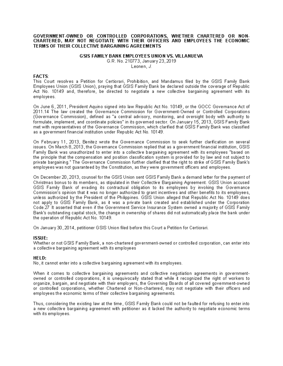 GSIS Case Digest: Union vs. Villanueva on Collective Bargaining ...