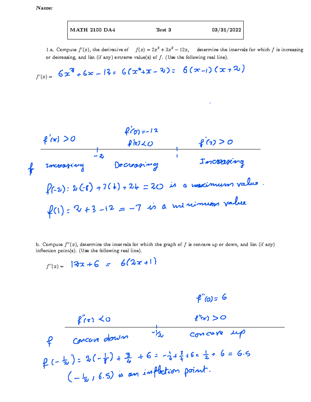 2100 Test 3 Solution - Calculus Chapter 3 Test Answer Key - Name: MATH ...