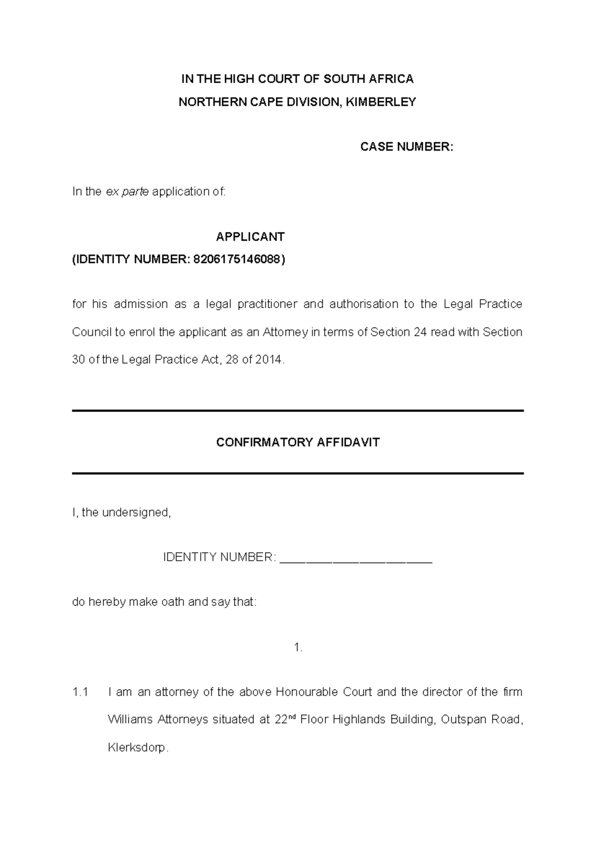 Confirmatory Affidavit for Legal Practitioner Admission - Case No ...