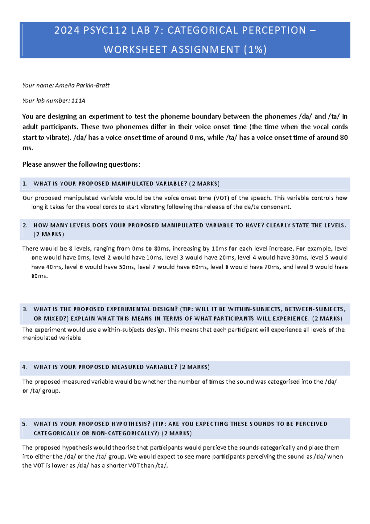 PSYC112 Lab 7 Worksheet: Categorical Perception of Phonemes - Studocu