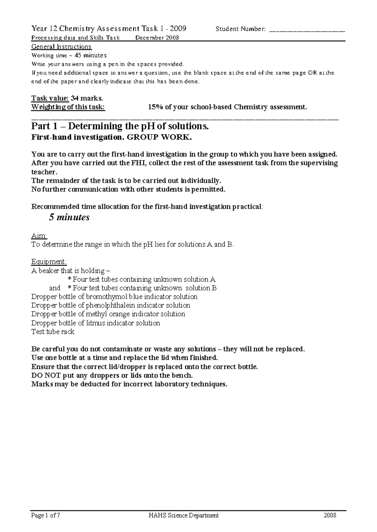 Hurlstone Year 12 Chemistry Assessment Task 1 & Solutions 2008 - Studocu