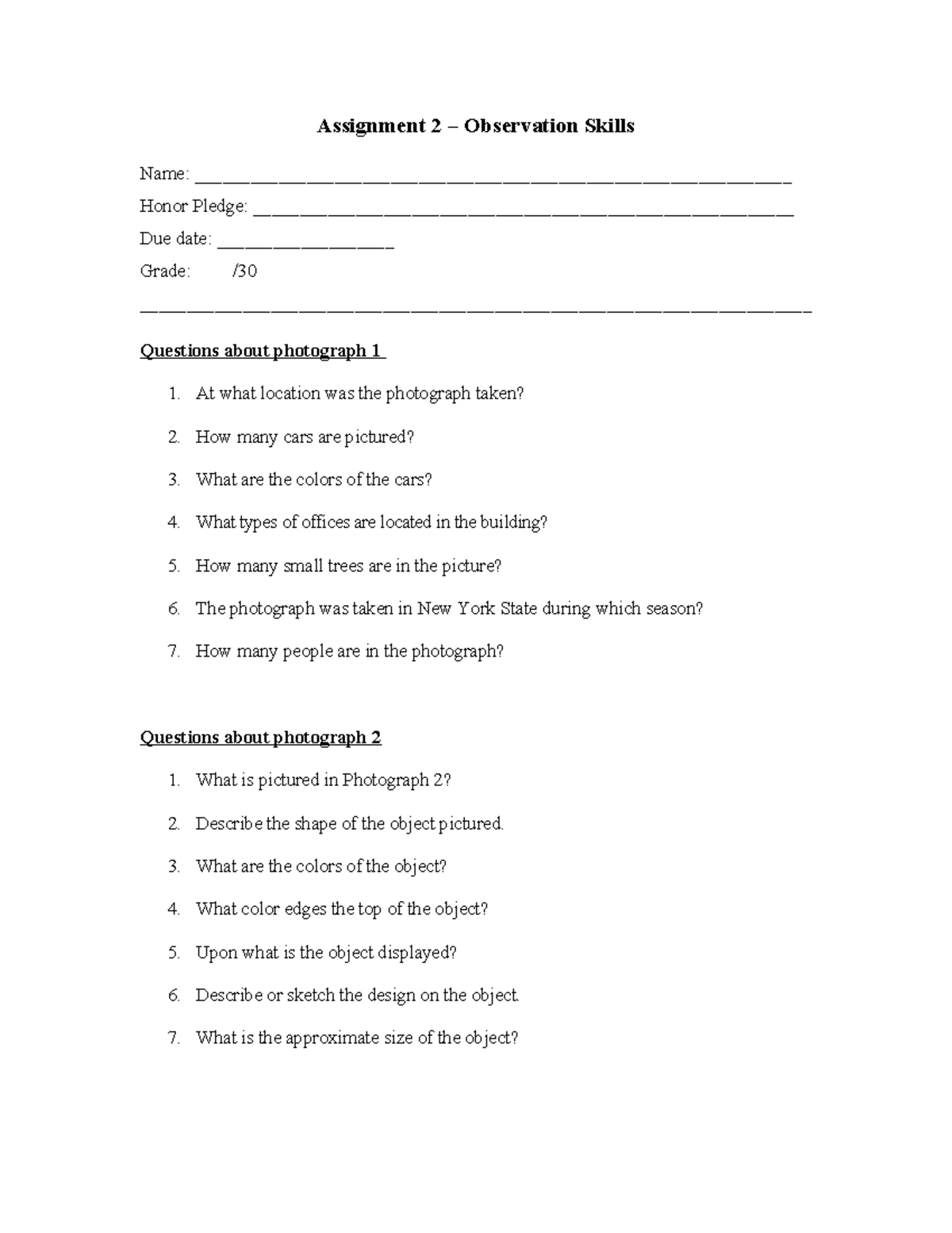 Assignment 2 - Observation Skills Analysis and Questions - Studocu