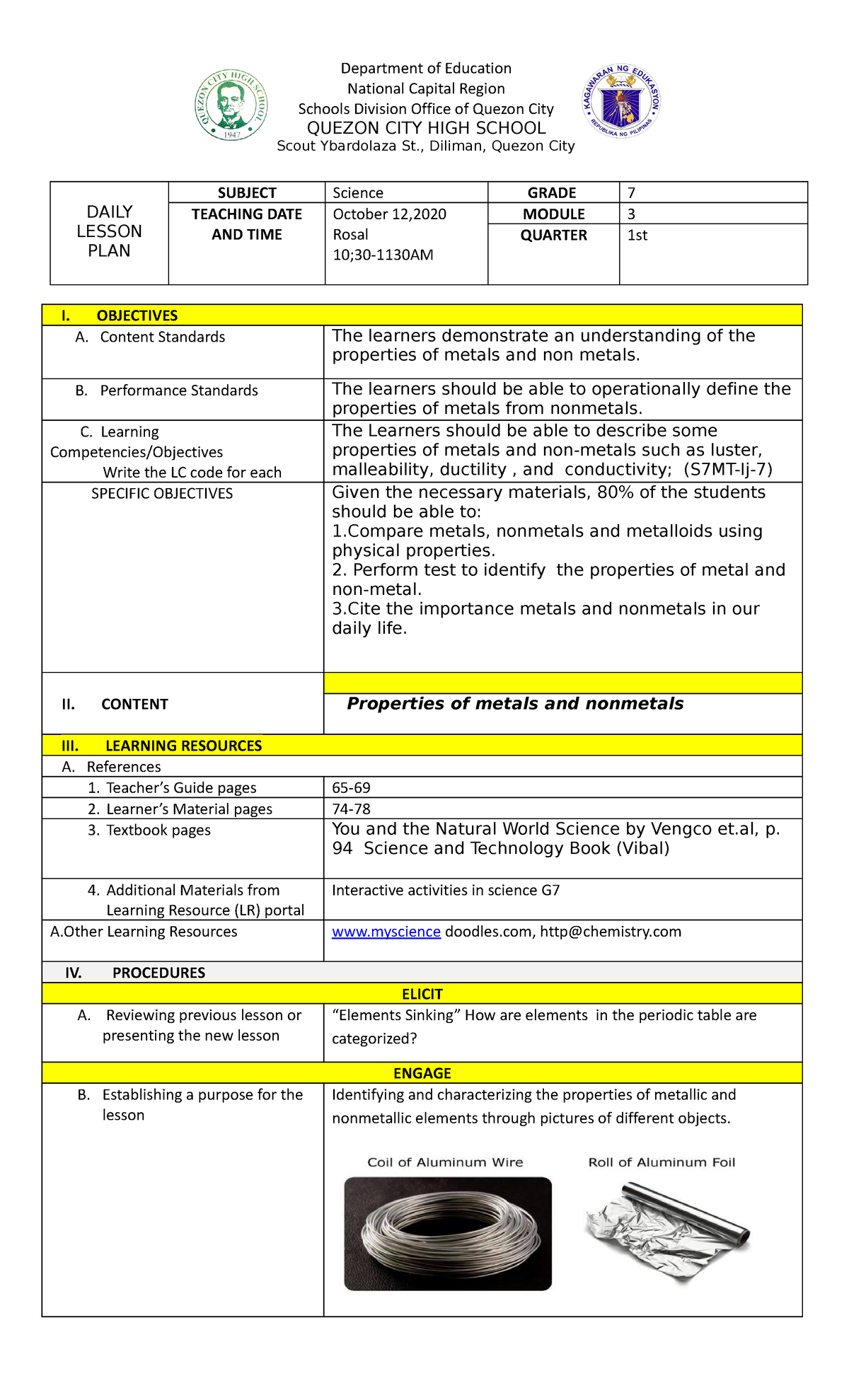 519089427 COT 1 DLL Lesson Plan on Metals and Non-Metals Overview - Studocu