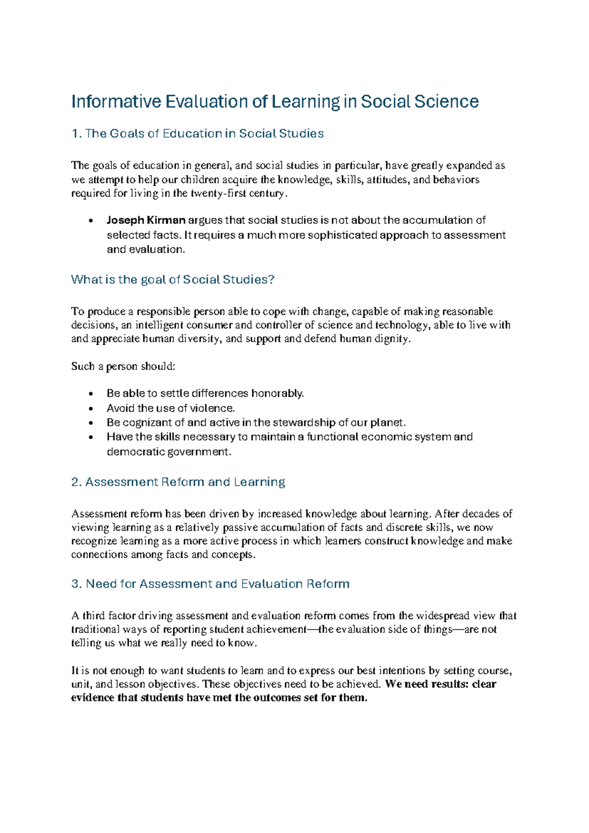 Assessment Reform in Social Studies (SS 1) - Goals & Evaluation Methods ...