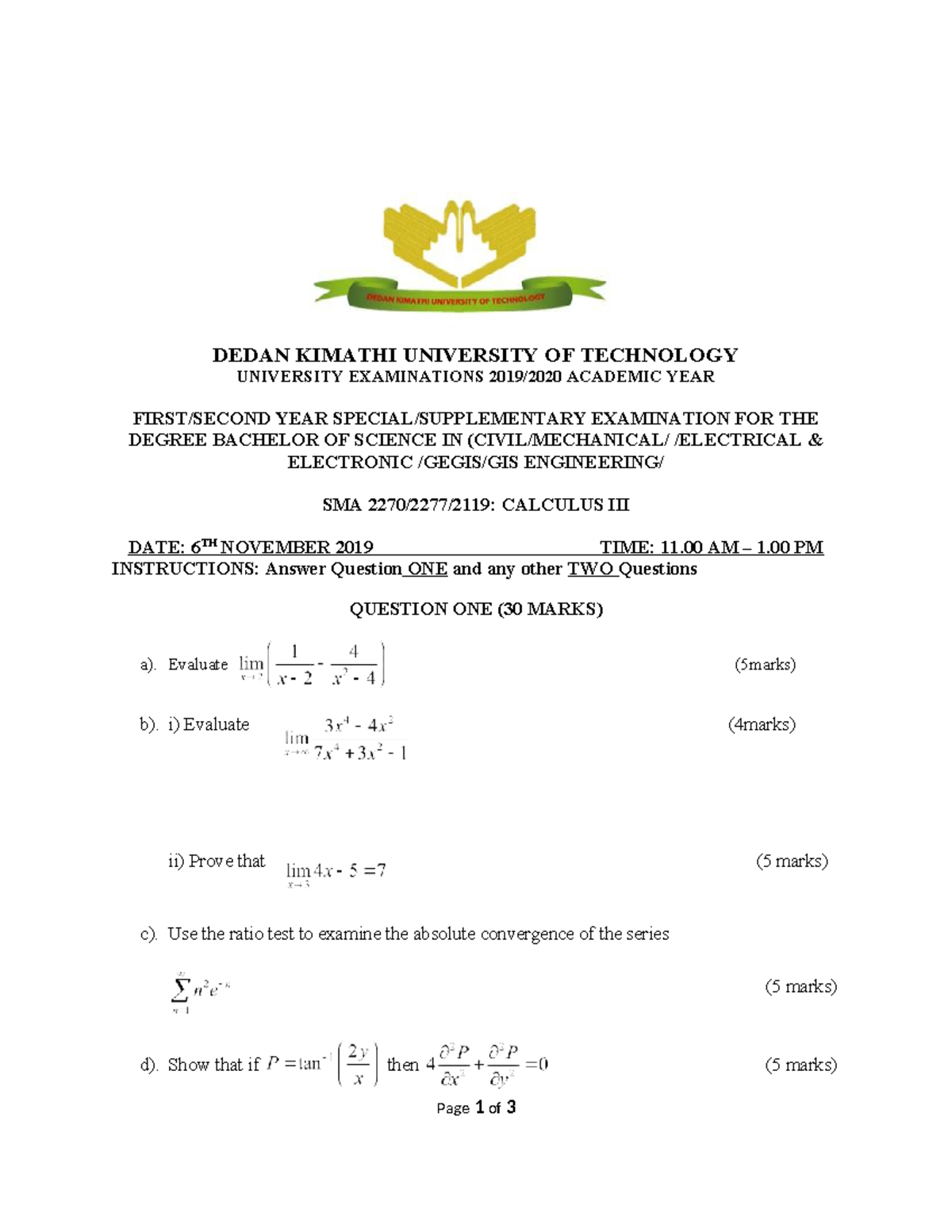SMA 2270 Calculus III Final Exam Questions and Solutions - Studocu