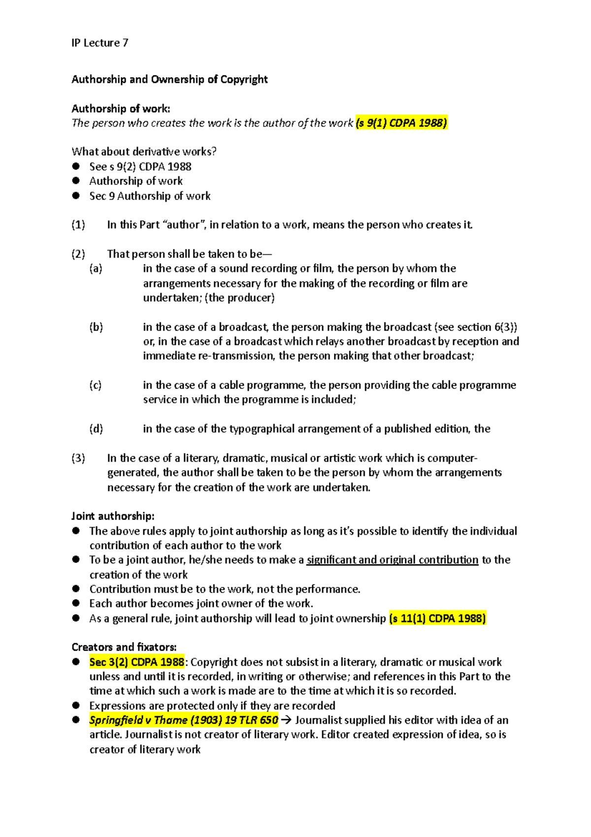 IP Lecture 7 - Understanding Authorship and Copyright Ownership - Studocu