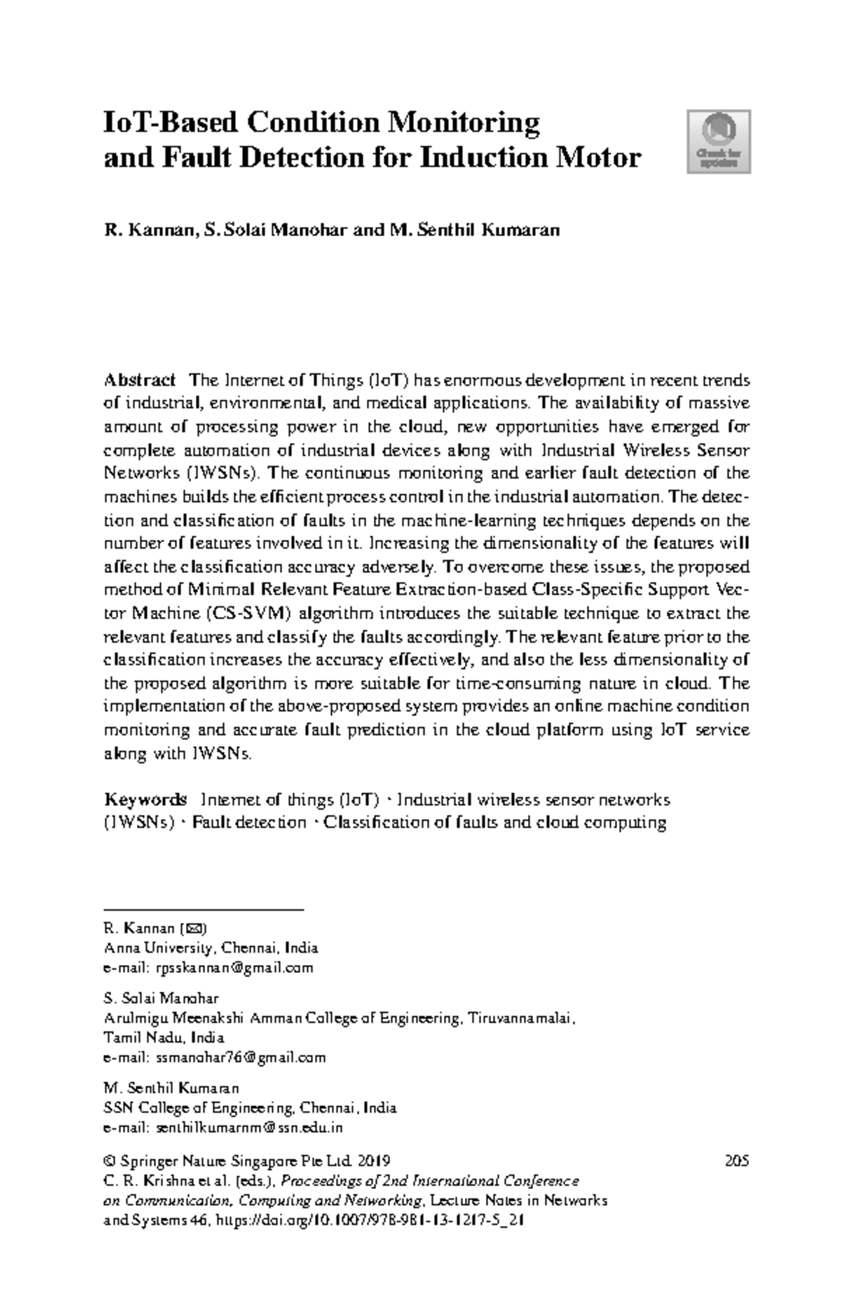 Condition Monitoring and Fault Detection for Induction Motors (ENG 101 ...