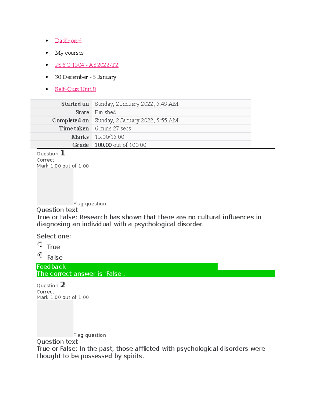PSYC 1504 Self-Quiz on Psychological Disorders - Unit 8 Summary - Studocu