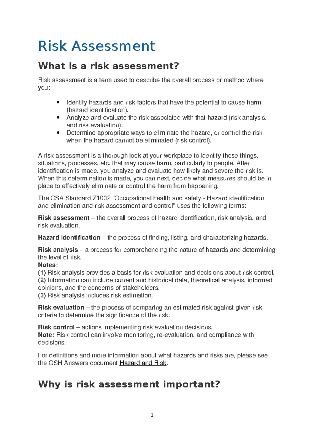 Risk Assessment Notes: Understanding Hazards and Control Measures - Studocu