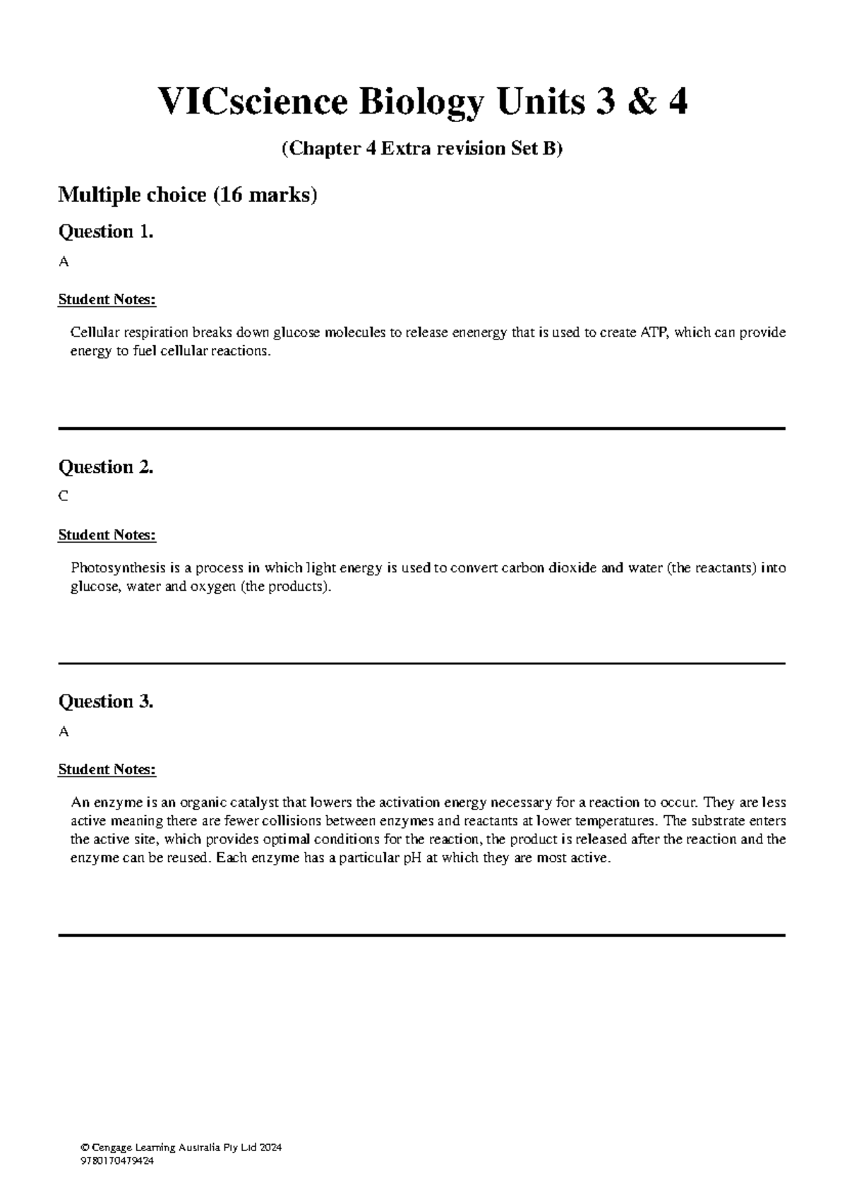 VCE Biology Units 3 & 4: Chapter 4 Extra Revision Set B Answers - Studocu