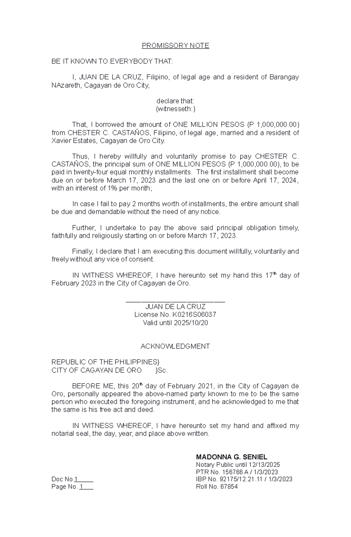 Sample Promissory Note Agreement - Juan De La Cruz - Studocu