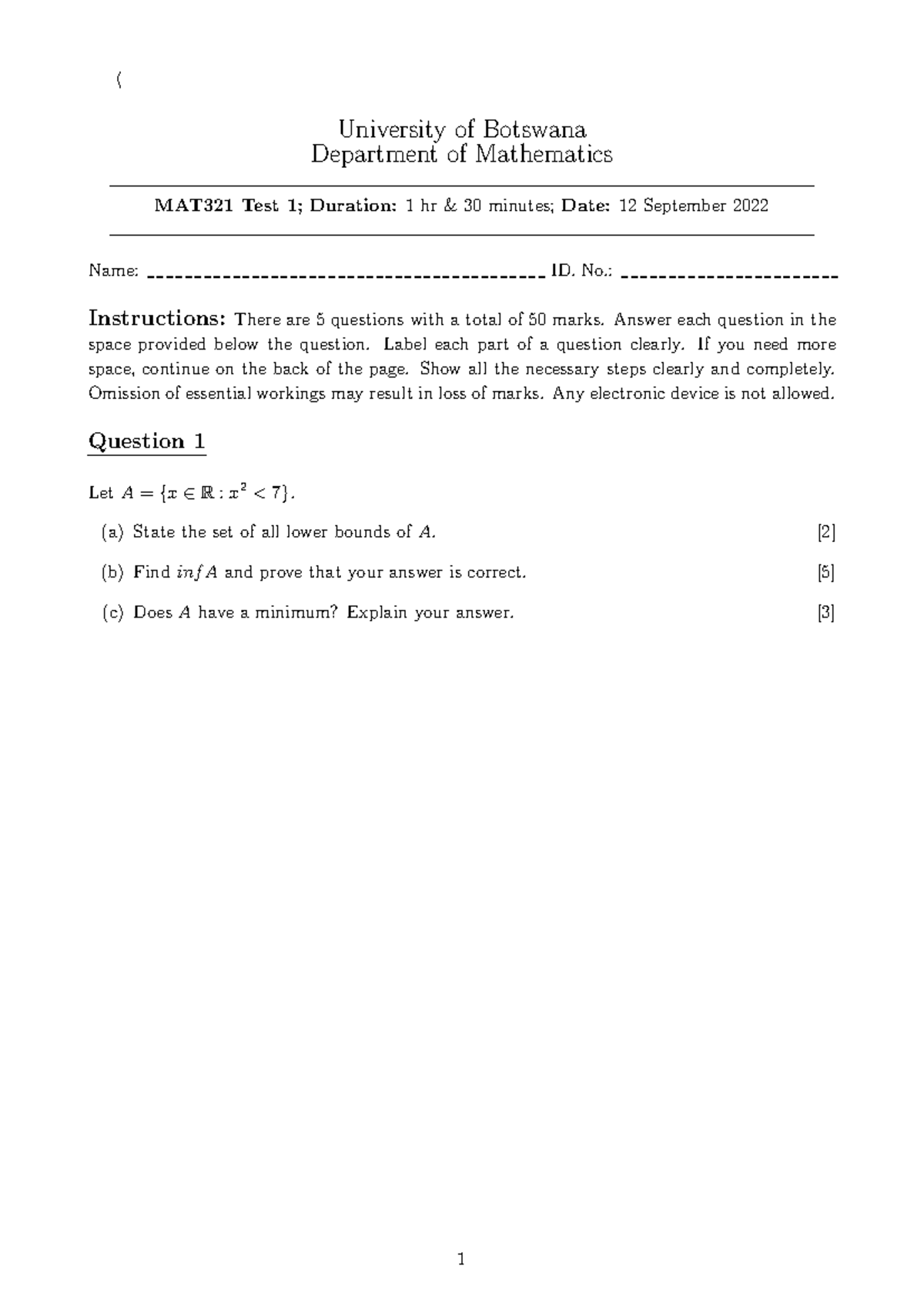 MAT321 Test 1 - Mathematics Assessment September 2022 - Studocu