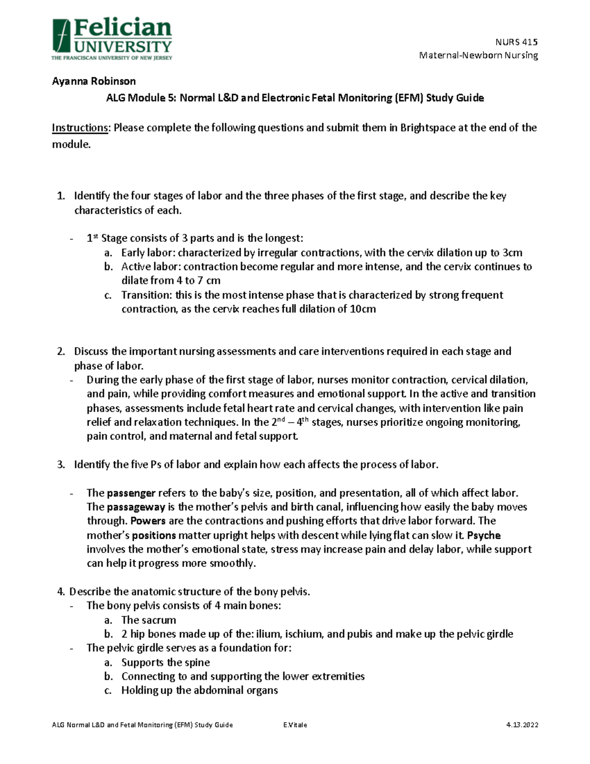 NURS 415 Final Exam Study Guide: Normal & Electronic Fetal Monitoring ...