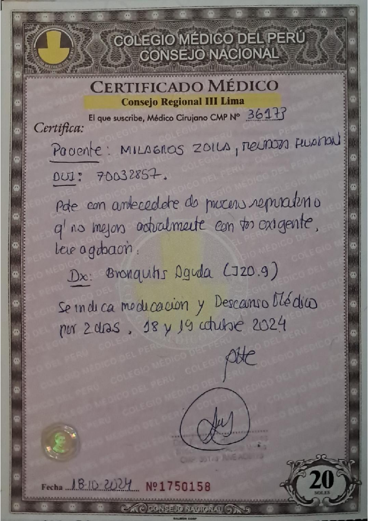 Certificación Médica y Descanso Médico - CMP 36173 - Studocu