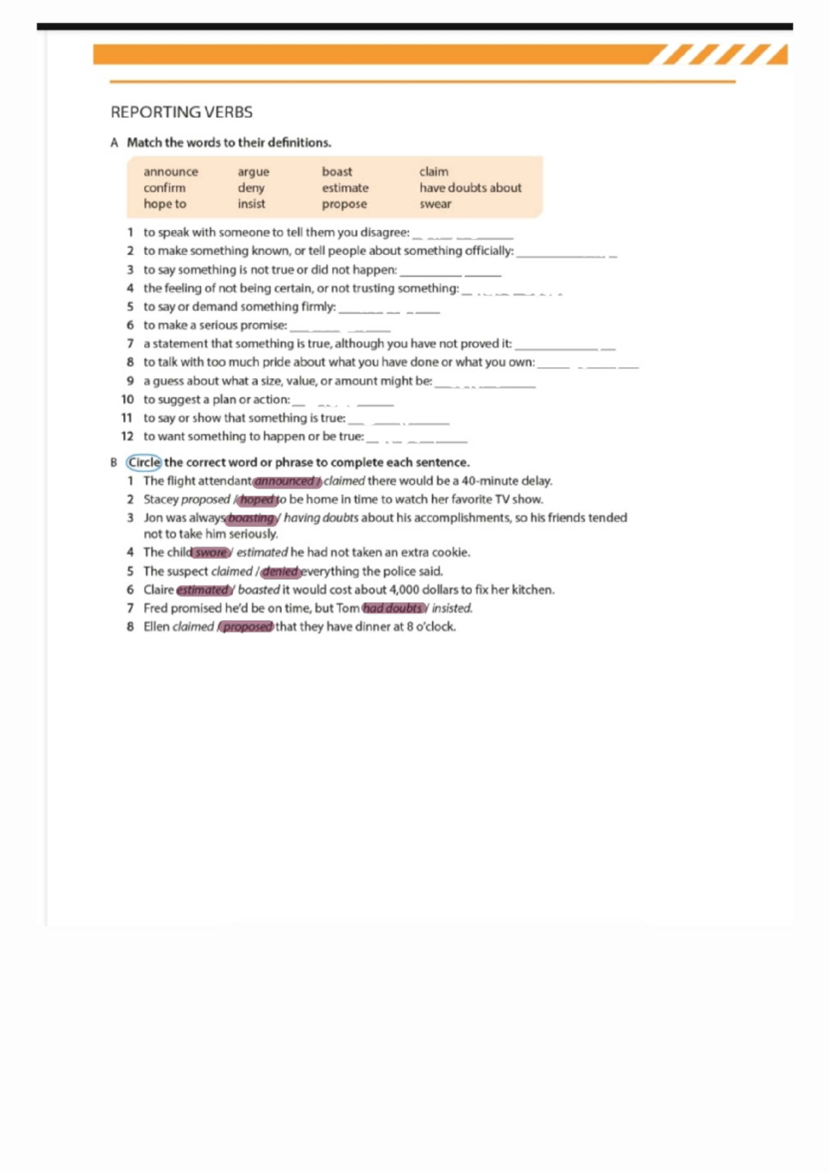 REPORTING VERBS EXERCISES: Definitions & Sentence Completion - Studocu