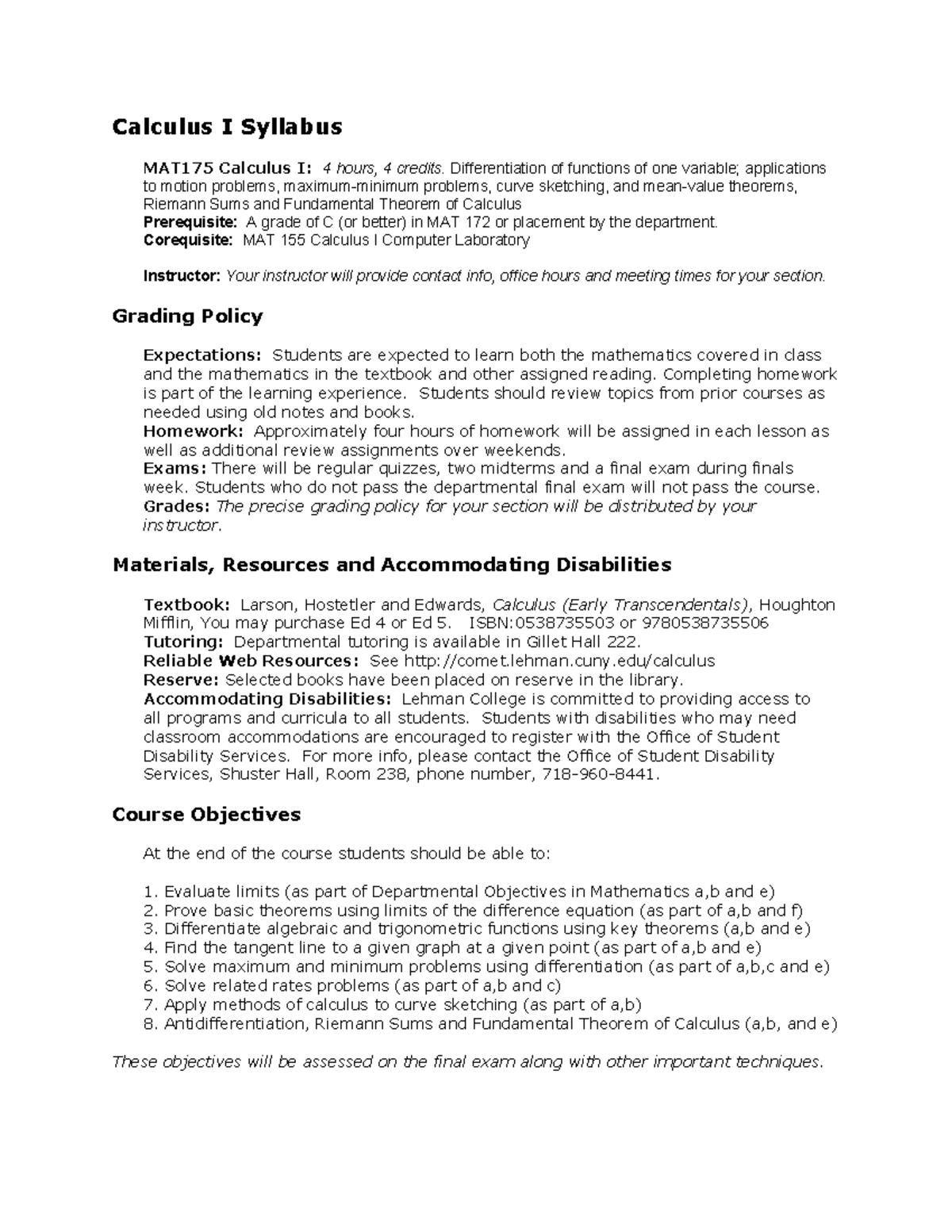 MAT175 Calculus I Syllabus and Course Overview - Studocu